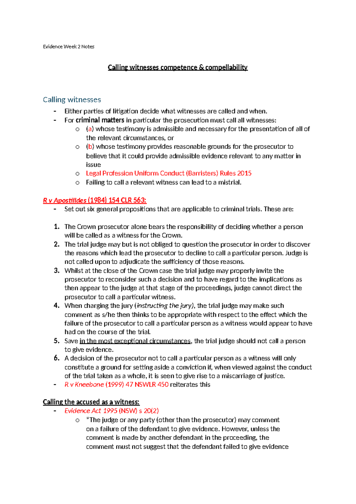 Calling Witnesses Competence Compellability Notes Evidence Week 2