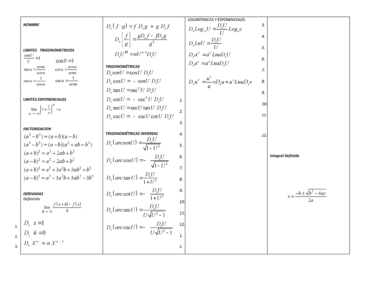 Formulario De Calculo Diferencial Nombre Limites Trigonometricos Senu U Cos Tan Cos Senu