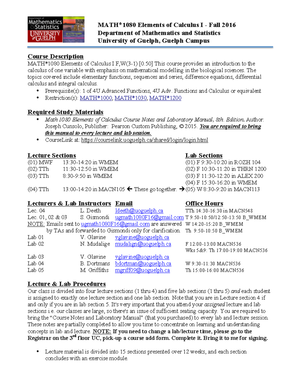 Math1080 course outline F2016 - MATH*1080 Elements of Calculus I - Fall ...