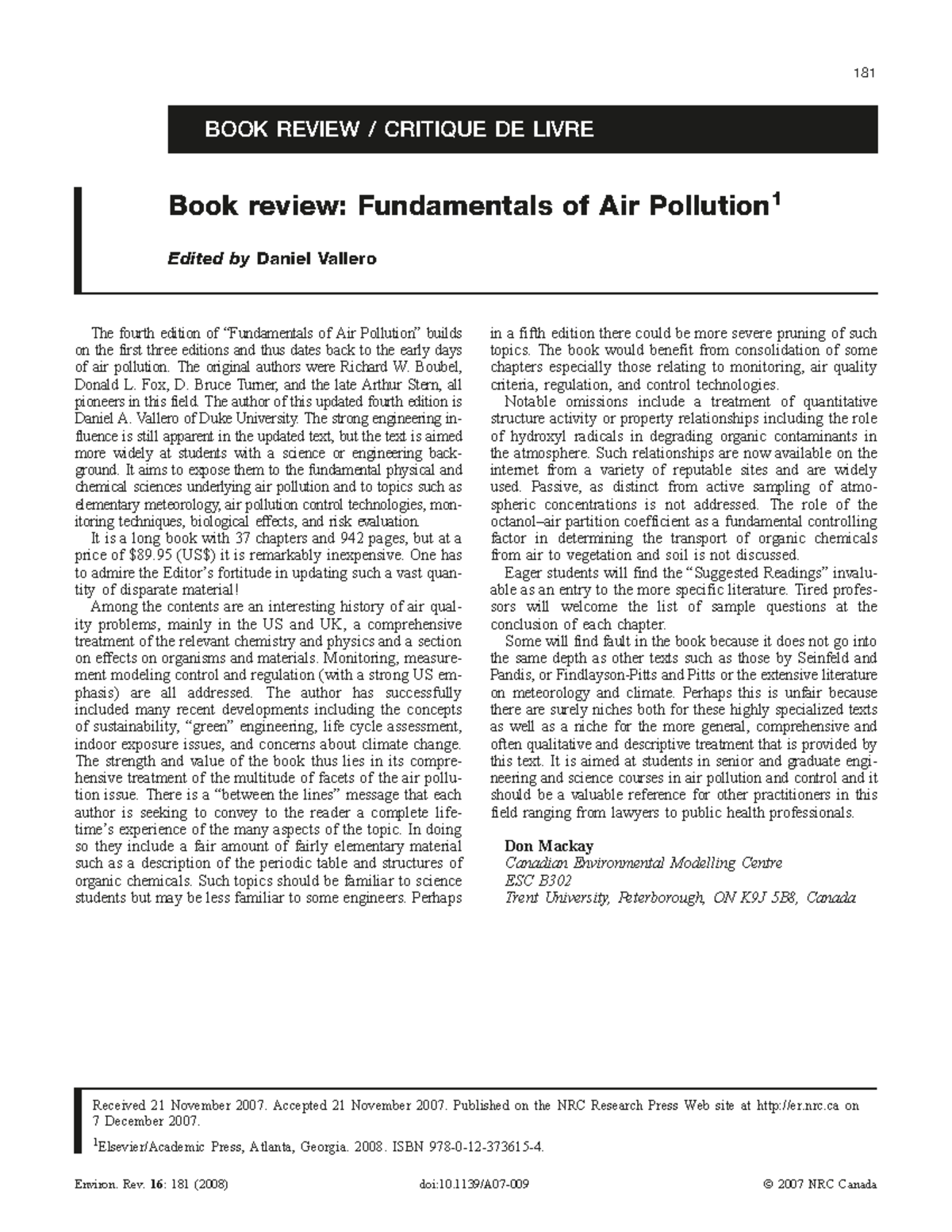 Fundamentals of air pollution review BOOK REVIEW / CRITIQUE DE LIVRE