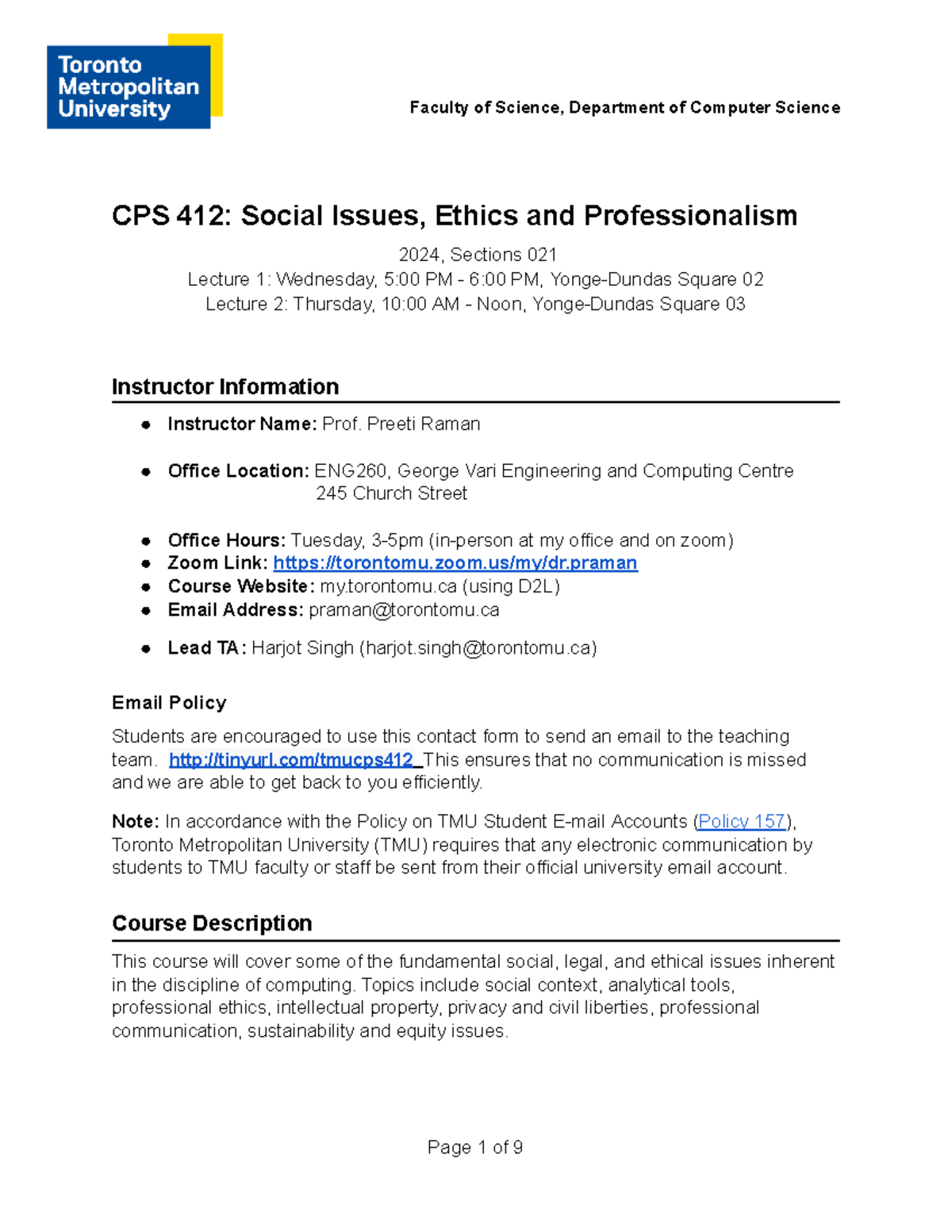 CPS 412 Winter 2024 Syllabus - Faculty of Science, Department of ...