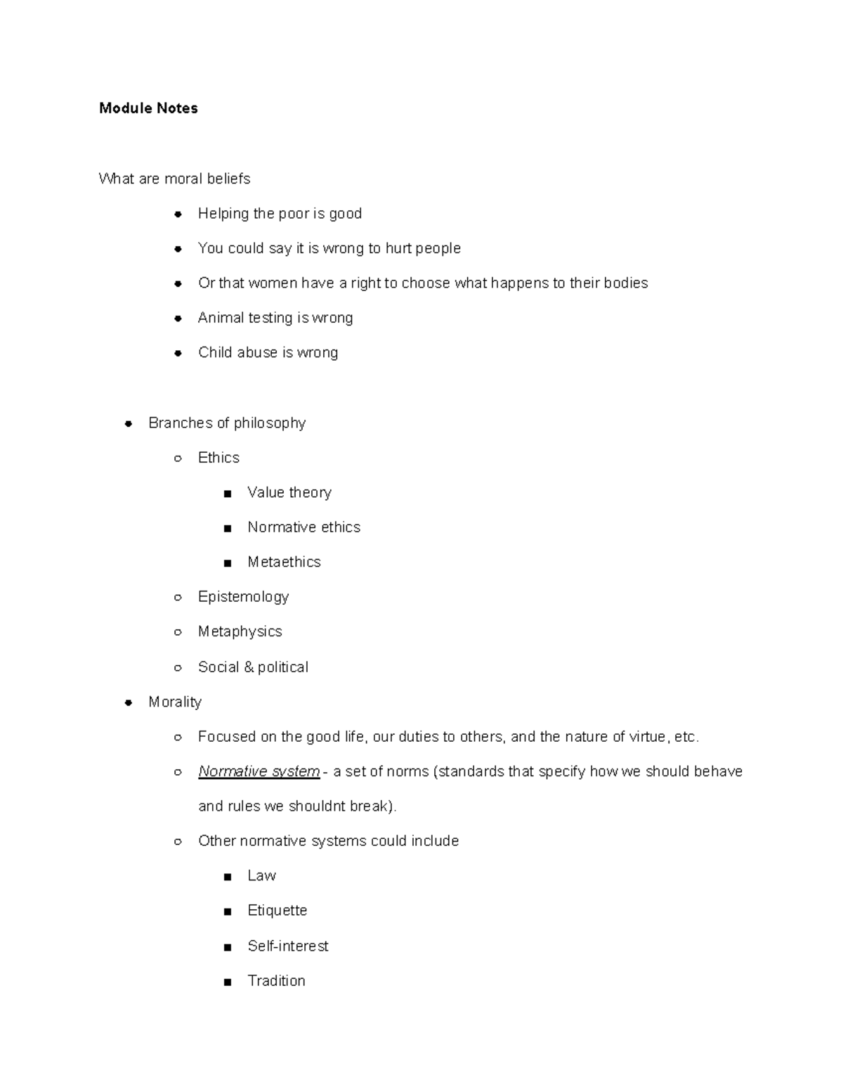 Ethics final notes - Module Notes What are moral beliefs Helping the ...