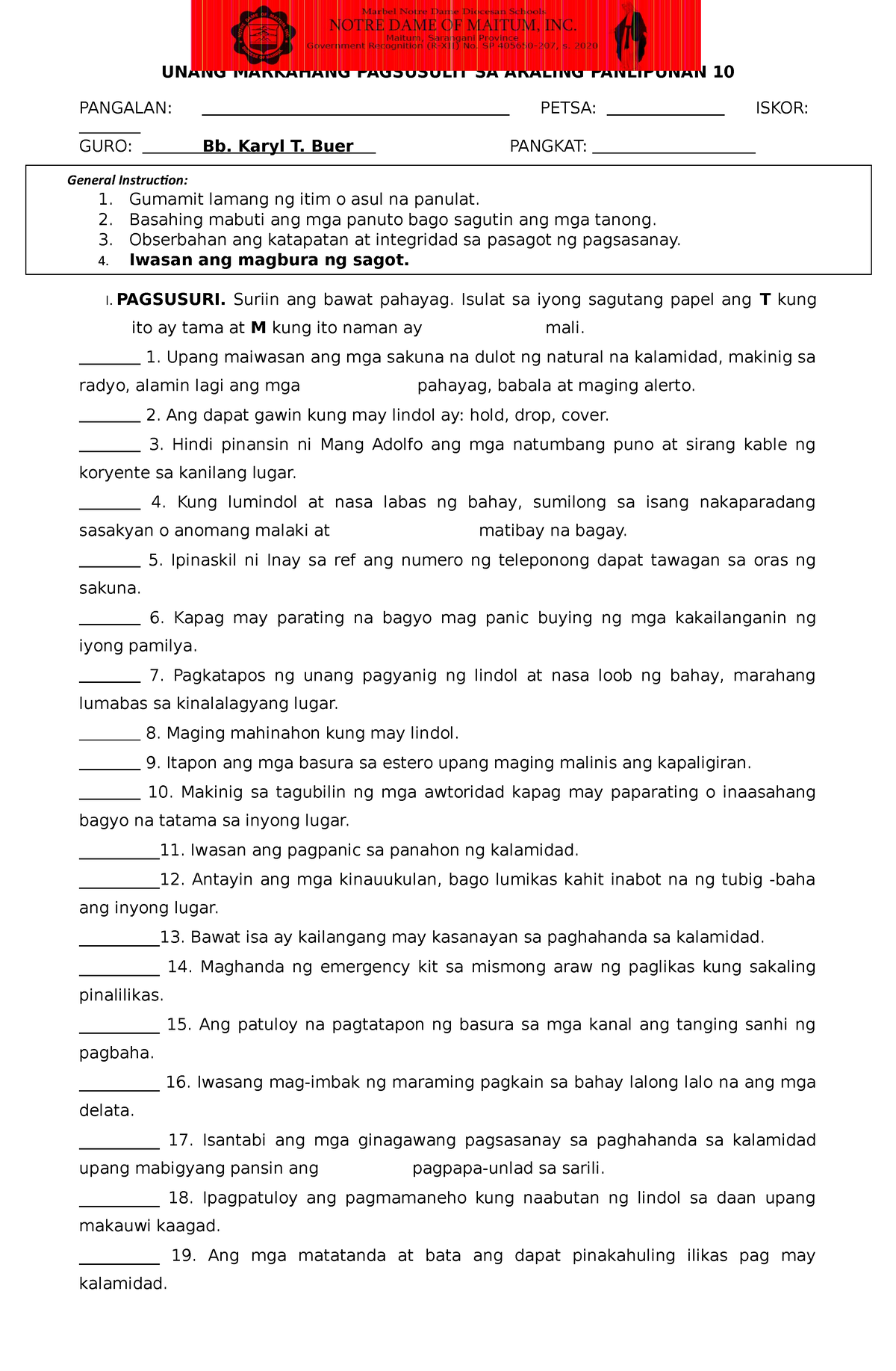 Arpan 10 Q1 Final Examination - UNANG MARKAHANG PAGSUSULIT SA ARALING ...