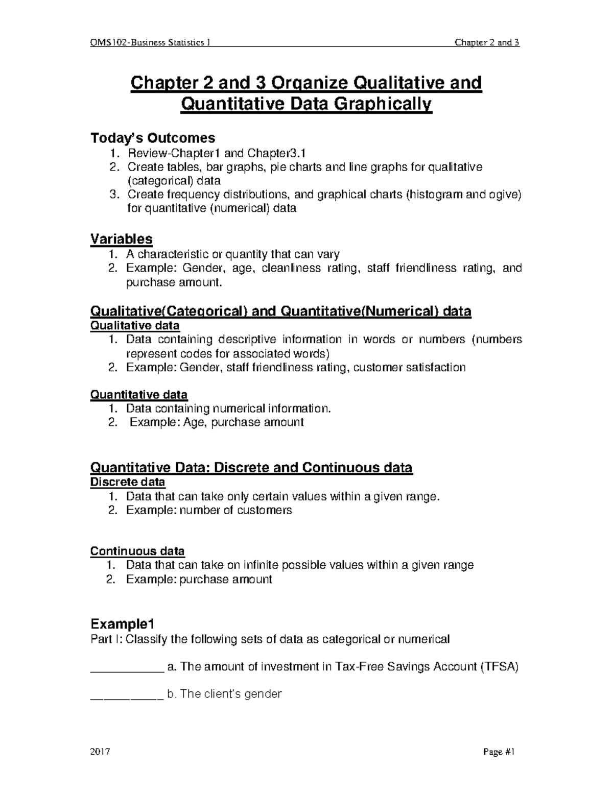 Business Statistics IChapter 2and 3(2017 ) - Chapter 2 and 3 Organize ...