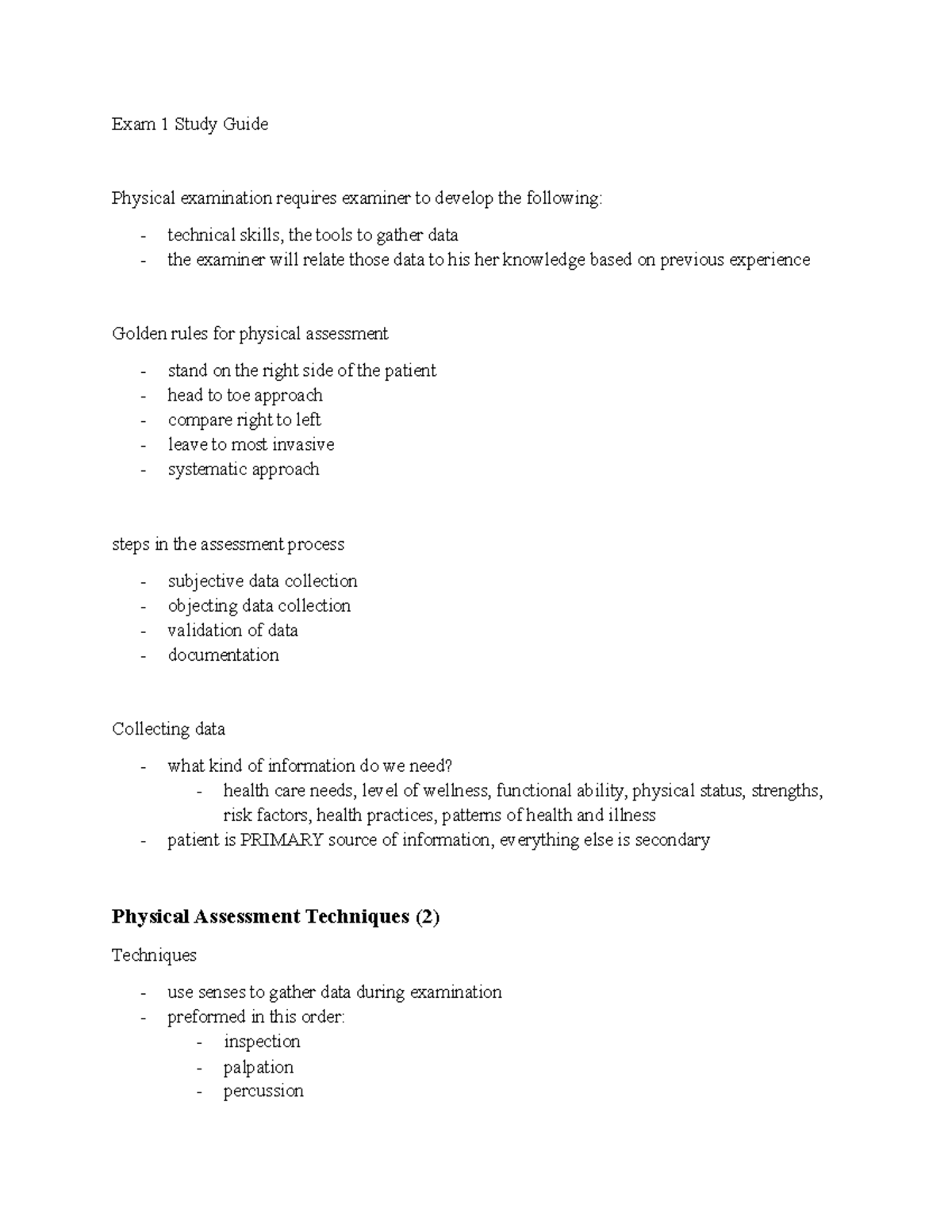 Exam 1 Study Guide - Exam 1 Study Guide Physical Examination Requires ...