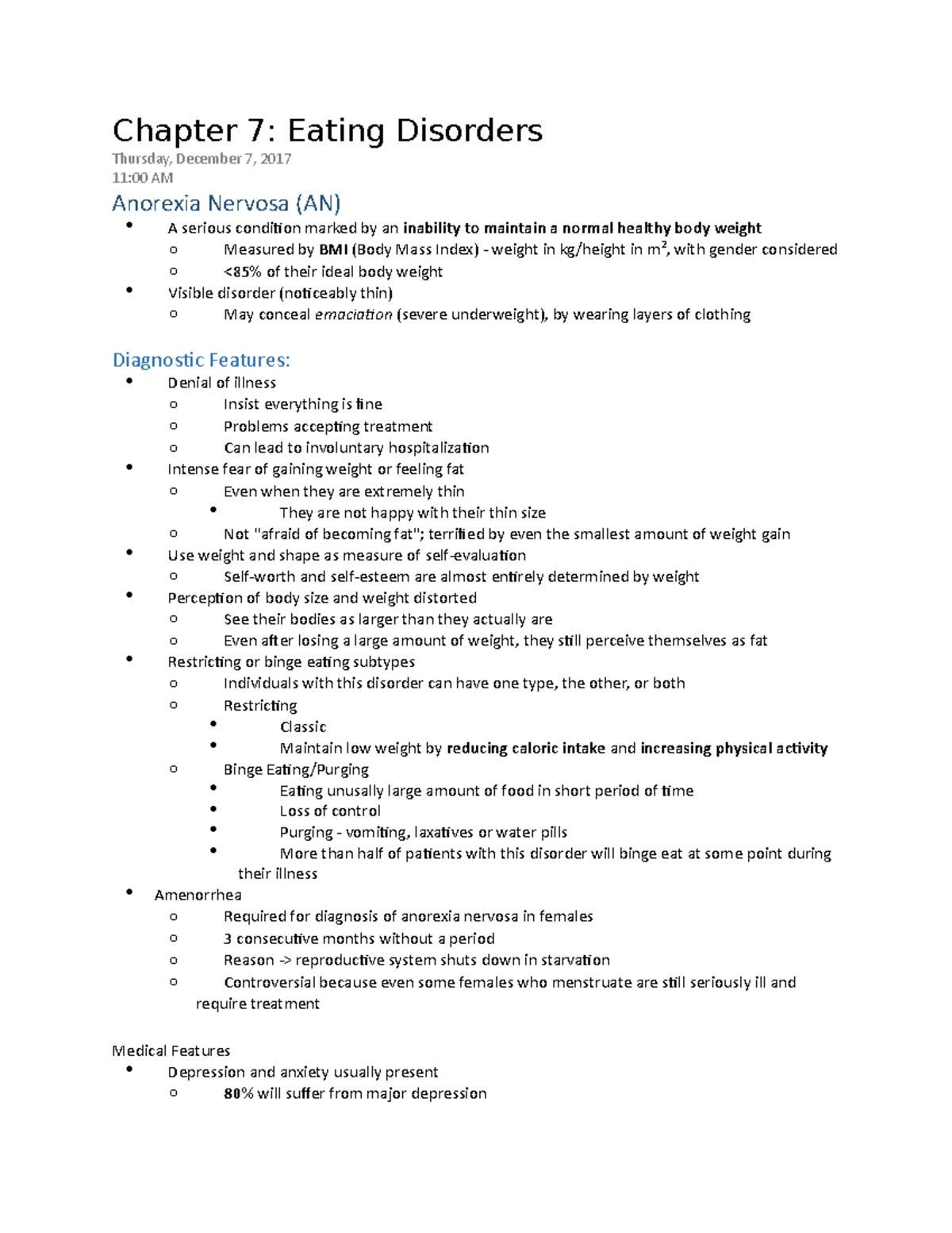 Exam 3 - Lecture notes 9-12 - Chapter 7: Eating Disorders Thursday ...