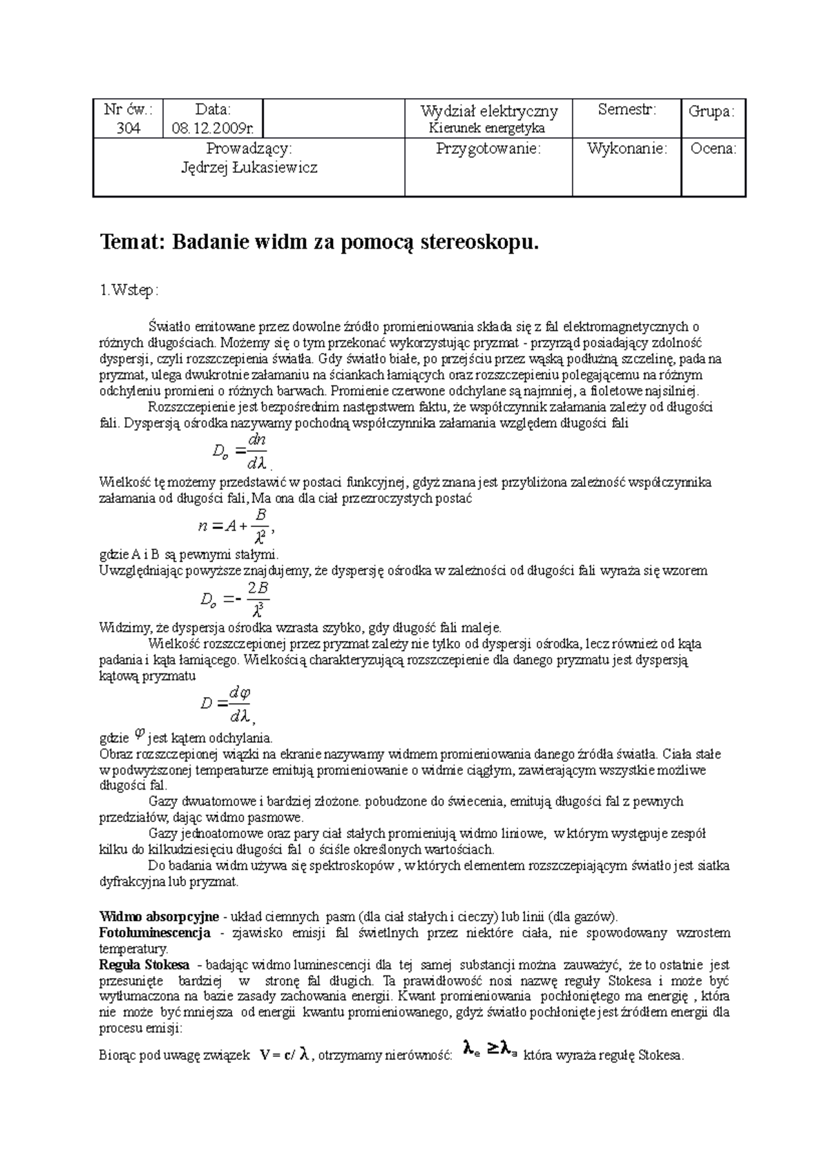 304 Poprawione - Cw 304 Z Fizyki - Fizyka - Laboratoria - PUT - Studocu