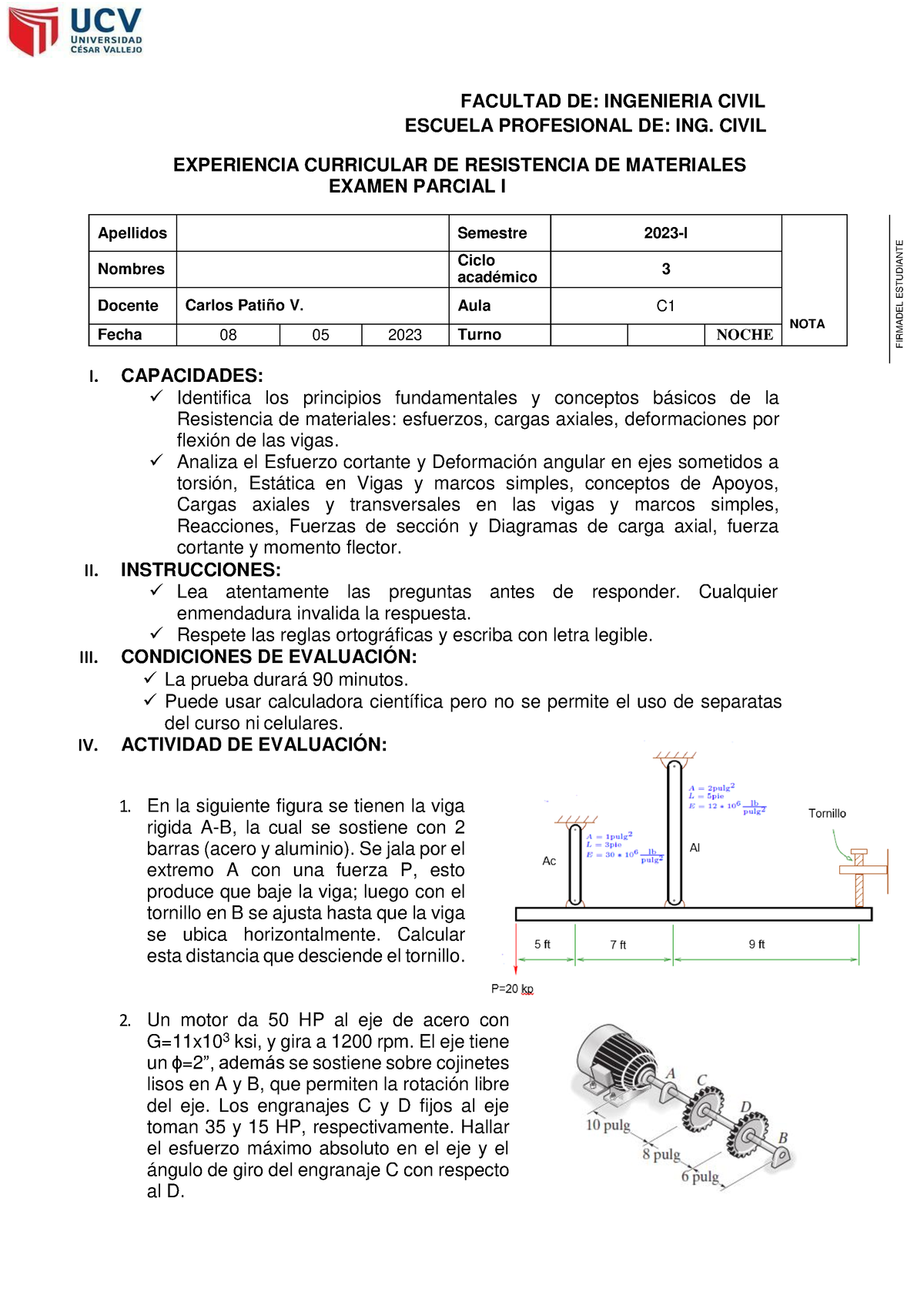 Ex P1 C1 Resistencia Materiales - FACULTAD DE: INGENIERIA CIVIL ESCUELA ...