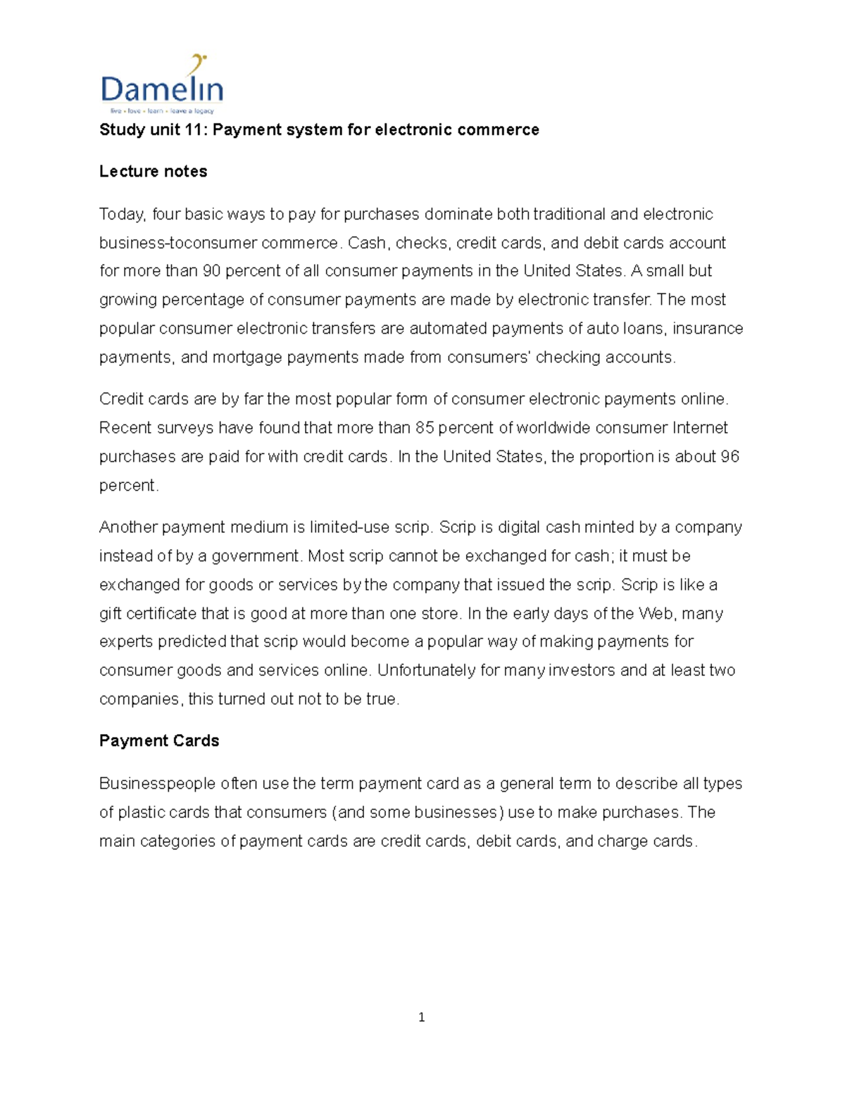 Lecture notes - Study unit 11: Payment system for electronic commerce ...