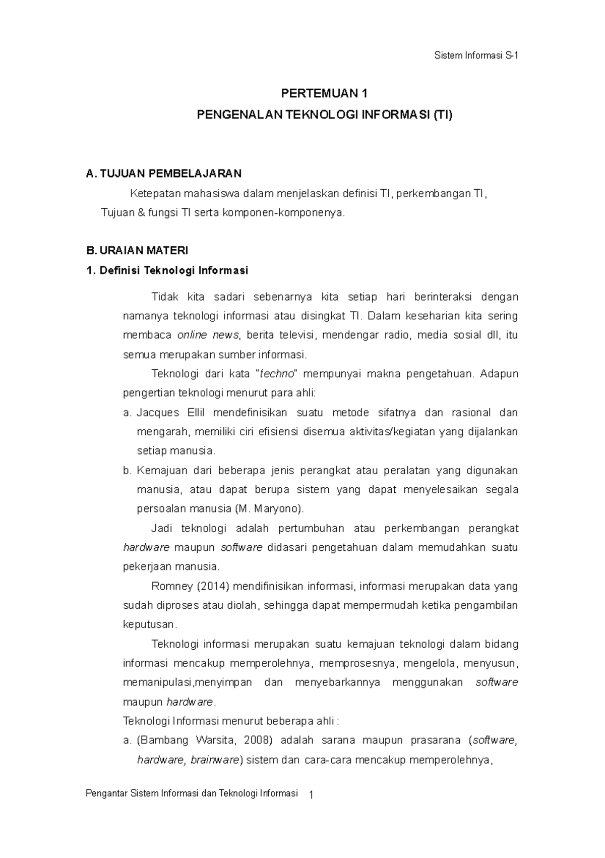 Pertemuan 1 - Pengenalan Teknologi Informasi - PERTEMUAN 1 PENGENALAN ...