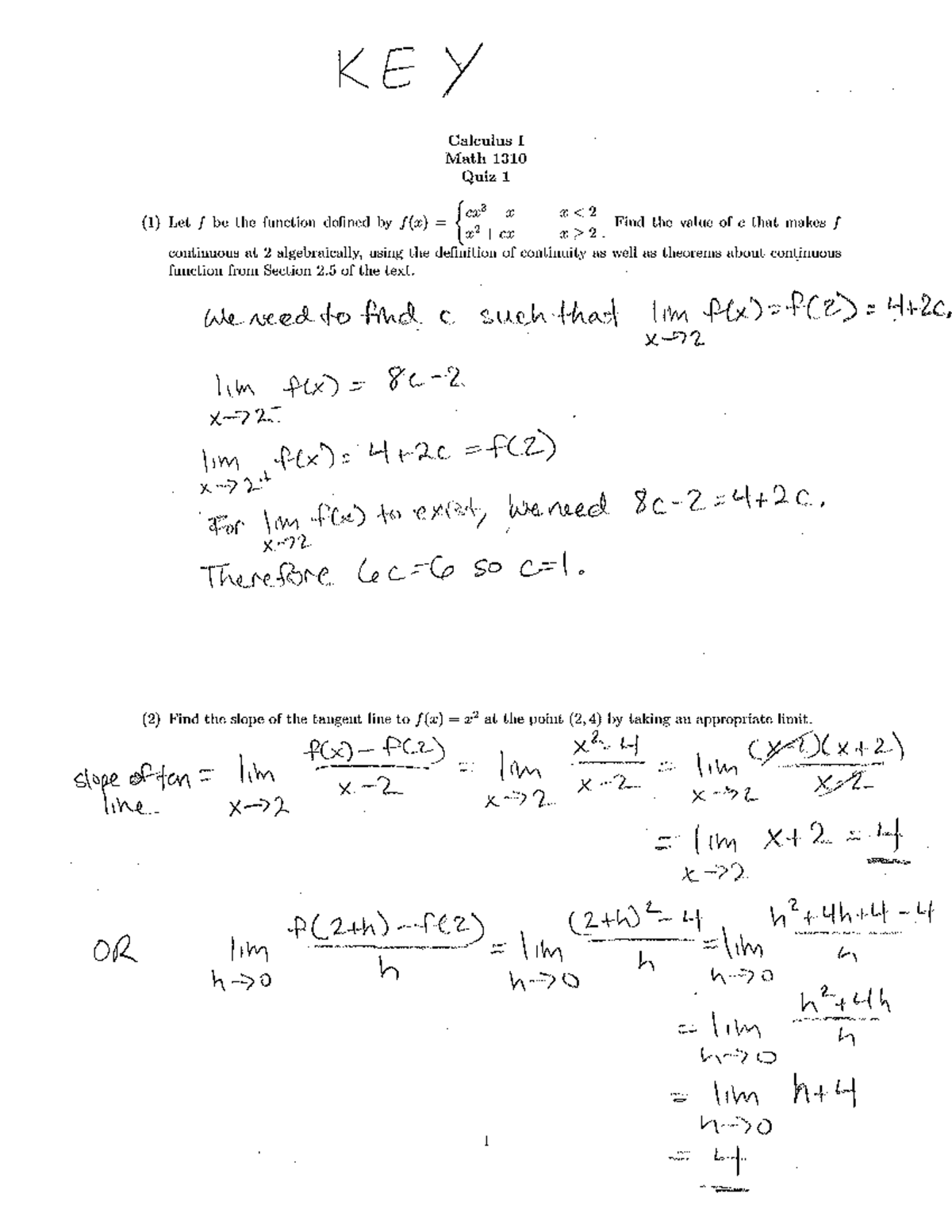 Quiz 1 - continuity,tangent line - KEY Caleuius I Math 1310 Quiz. 1 ...