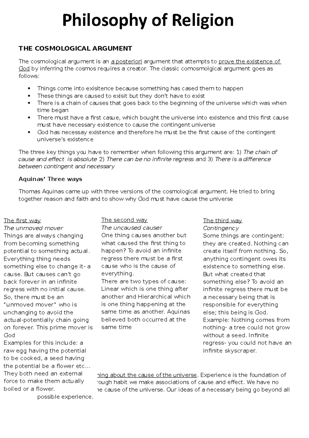 Philosophy of Religion Revision Pack - THE COSMOLOGICAL ARGUMENT The ...