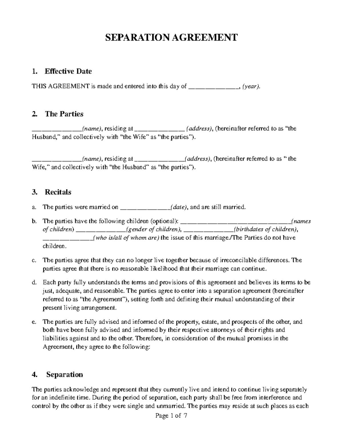 Separation agreement SEPARATION AGREEMENT 1 Effective Date THIS