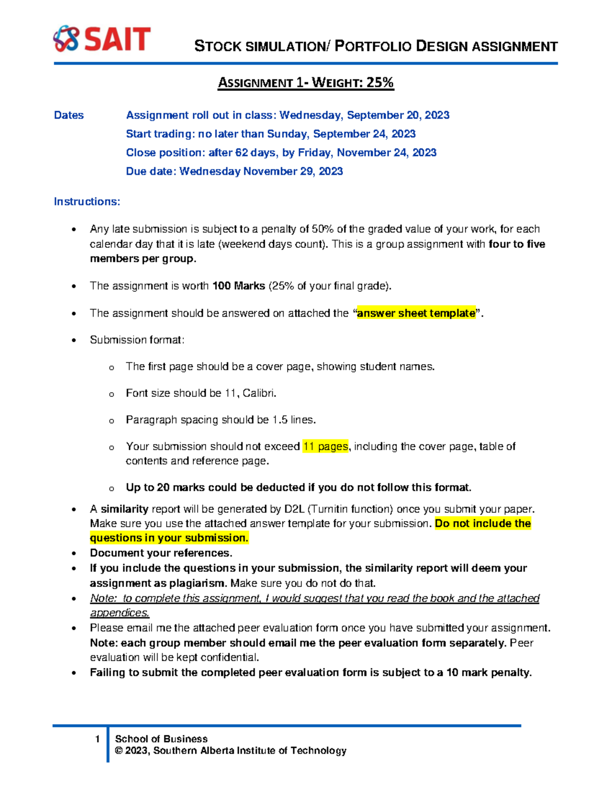 Stock Trading Assignment Fall 2023 - 1 School of Business ASSIGNMENT 1 ...