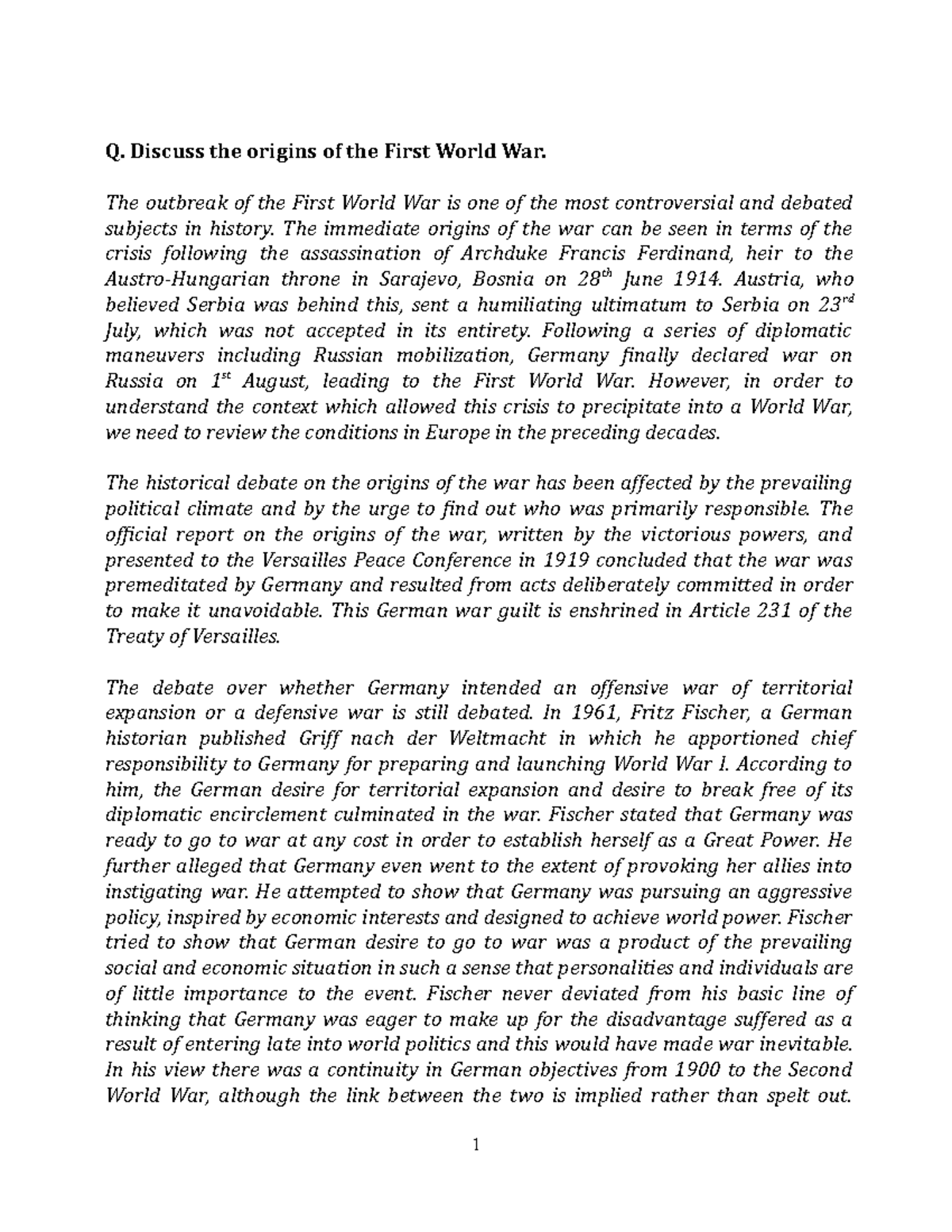 Origins of World War I - Q. Discuss the origins of the First World War ...