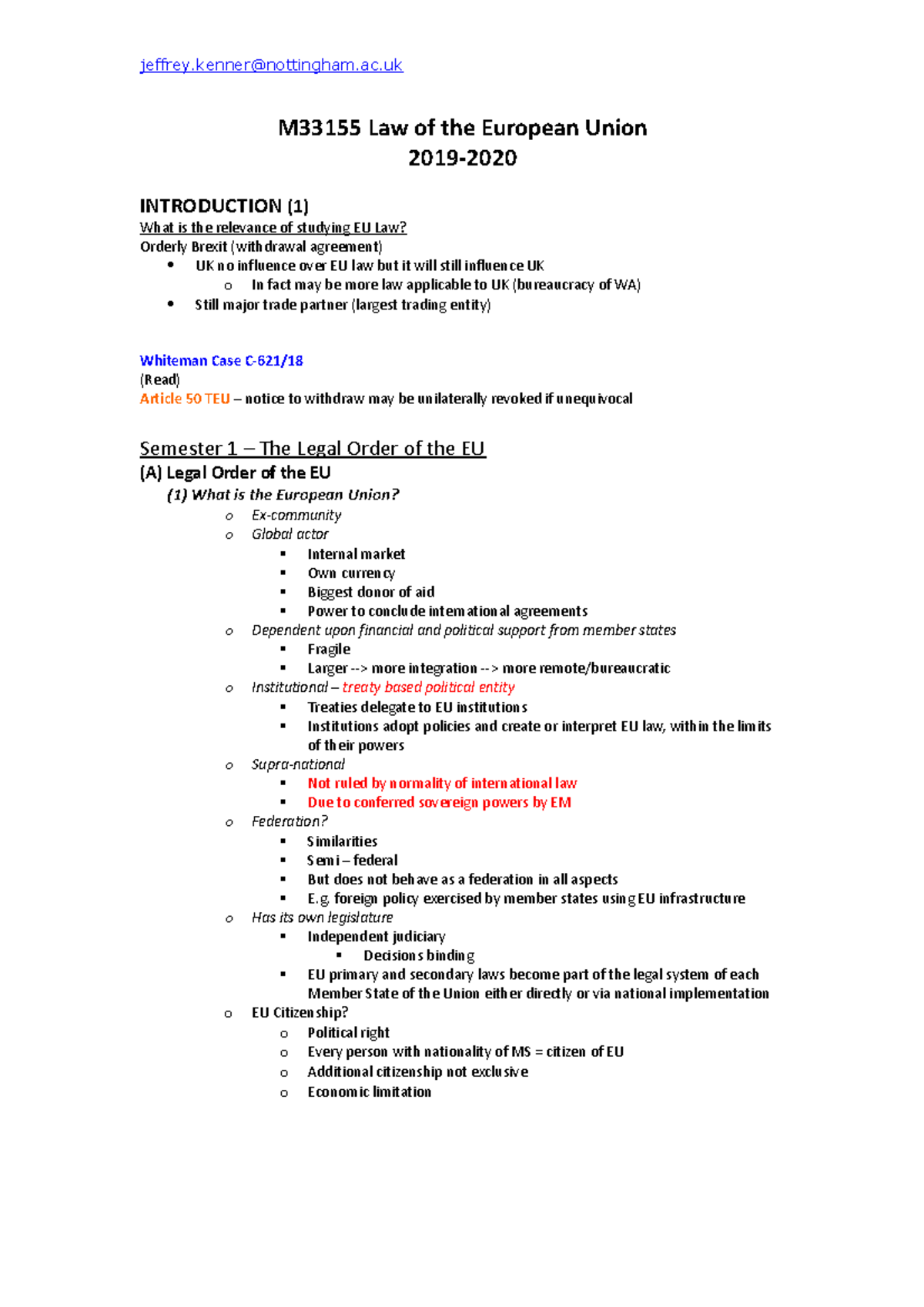 (1-3) notes - M33155 Law of the European Union 2019-2020 INTRODUCTION ...