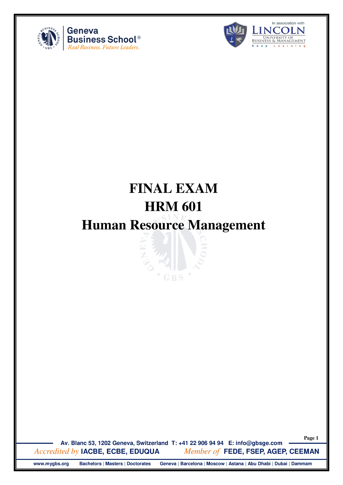 Final EXAM HRM 601 Human Resource Manage - Page 1 Av. Blanc 53, 1202 ...