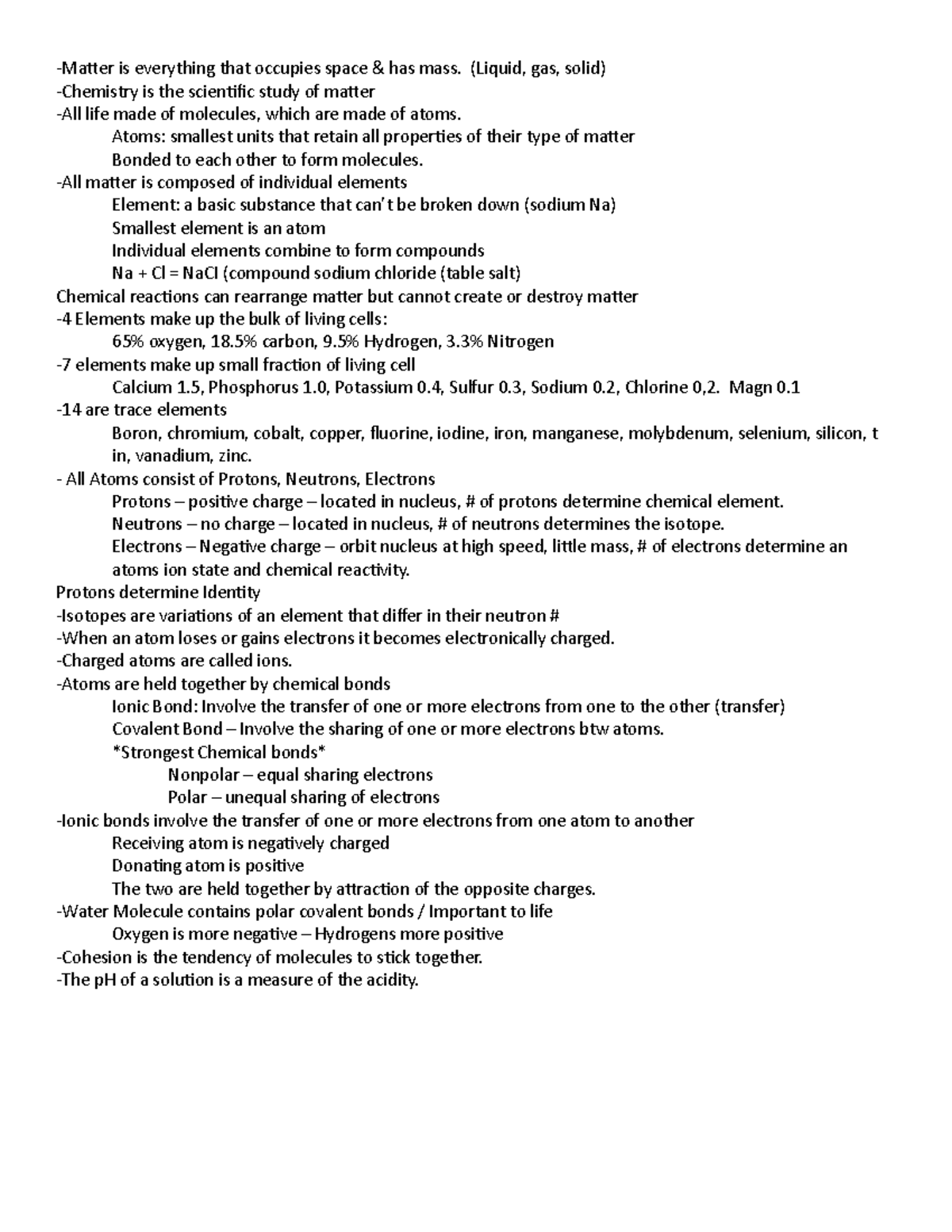 Biology Unit 2 notes -Matter is everything that occupies space & has ...