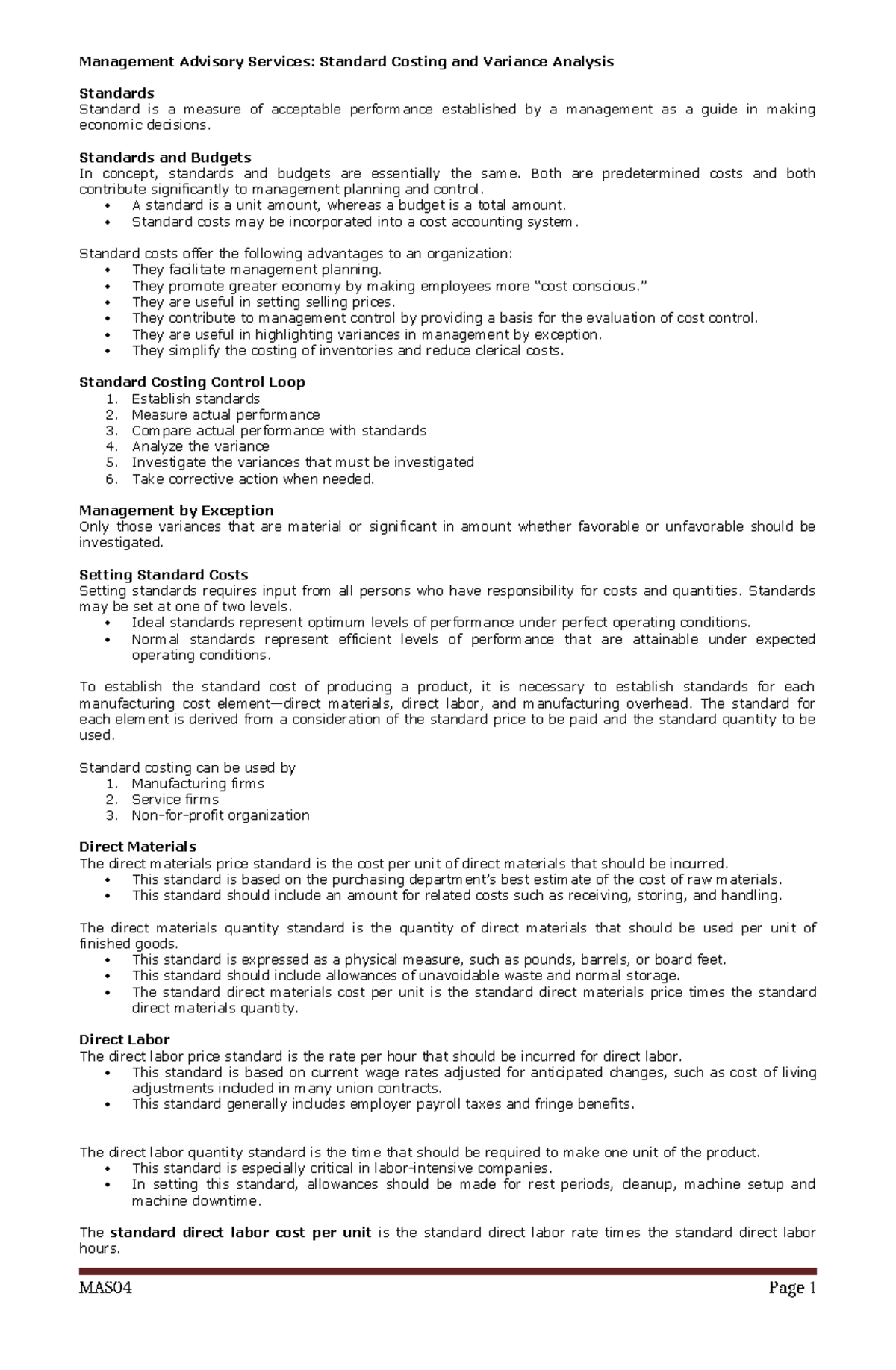 Standard Costing and Variance Analysis - Standards Standard is a ...