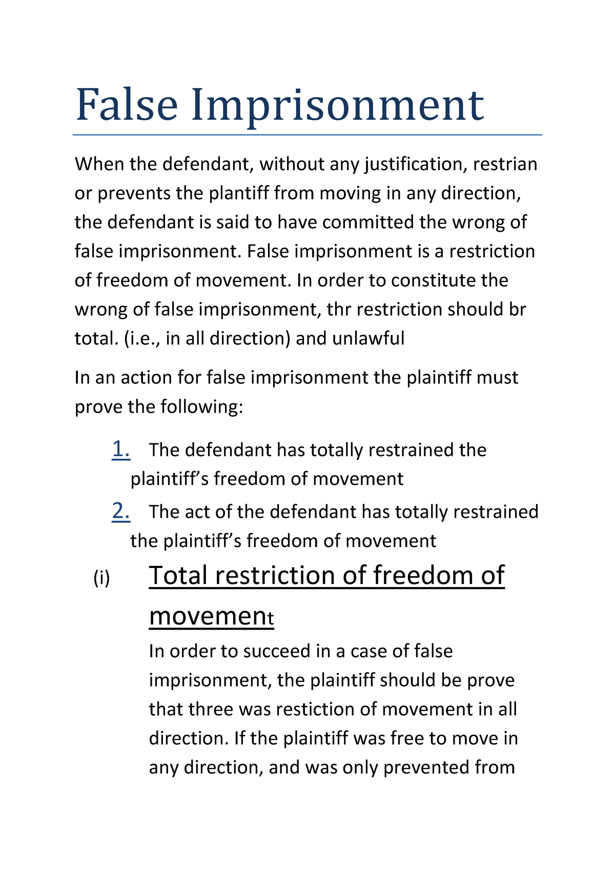 TORT- False Imprisonment(BEST Notes FOR Exams) - False Imprisonment ...