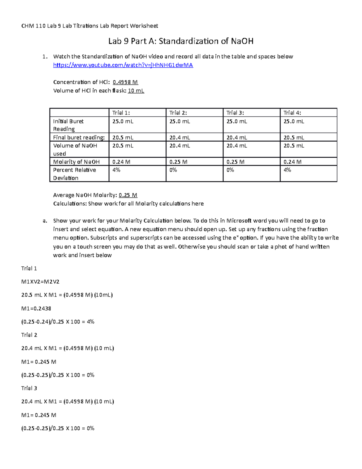 CHM 110 Experiment 9 CHM 110 Lab 9 Lab Titrations Lab Report