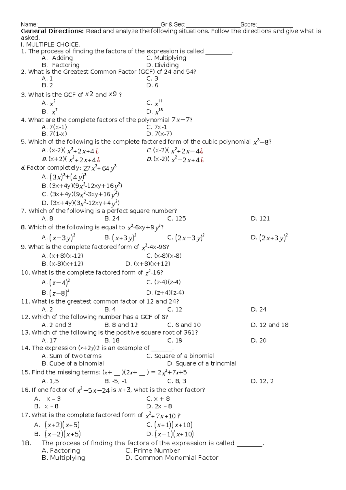 Summative TEST IN MATH 8 Q1 - Name ...