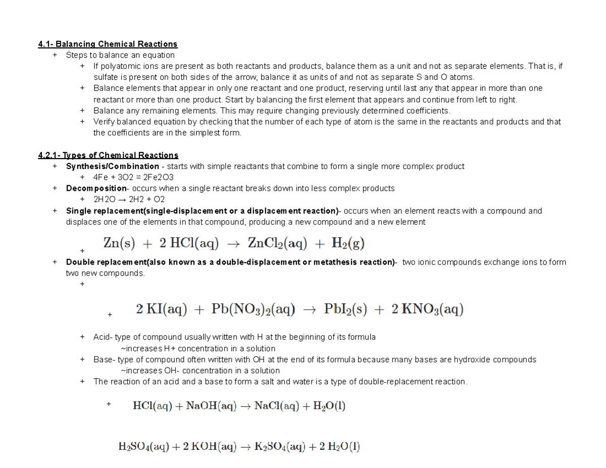 Textbook Chapter 4 Notes - 4- Balancing Chemical Reactions + Steps to ...