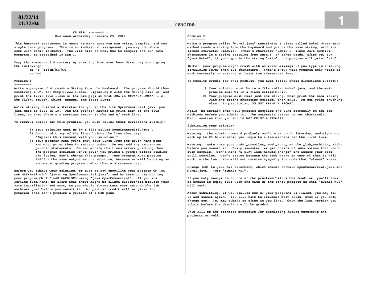 Readme - 01/22/ 21:32:04 readme 1 CS 61B Homework 1 Due noon Wednesday ...