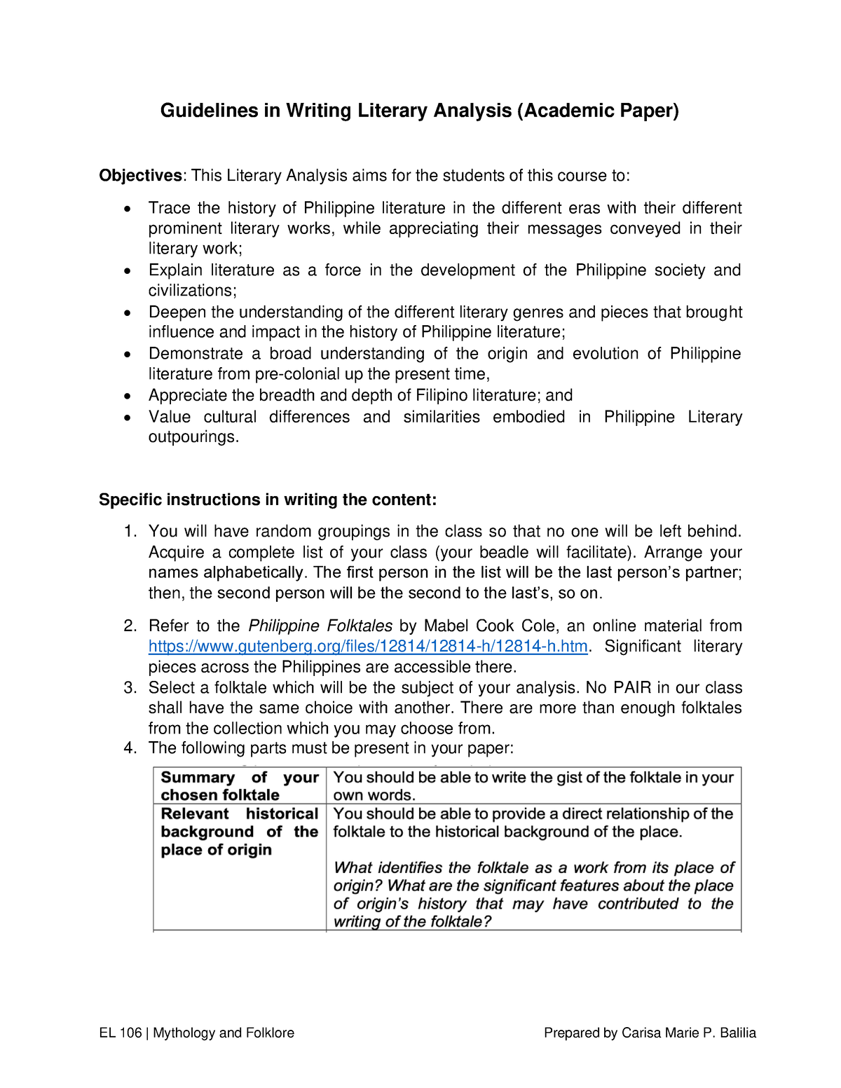EL 106 Literary Analysis Guidelines - Guidelines in Writing Literary ...
