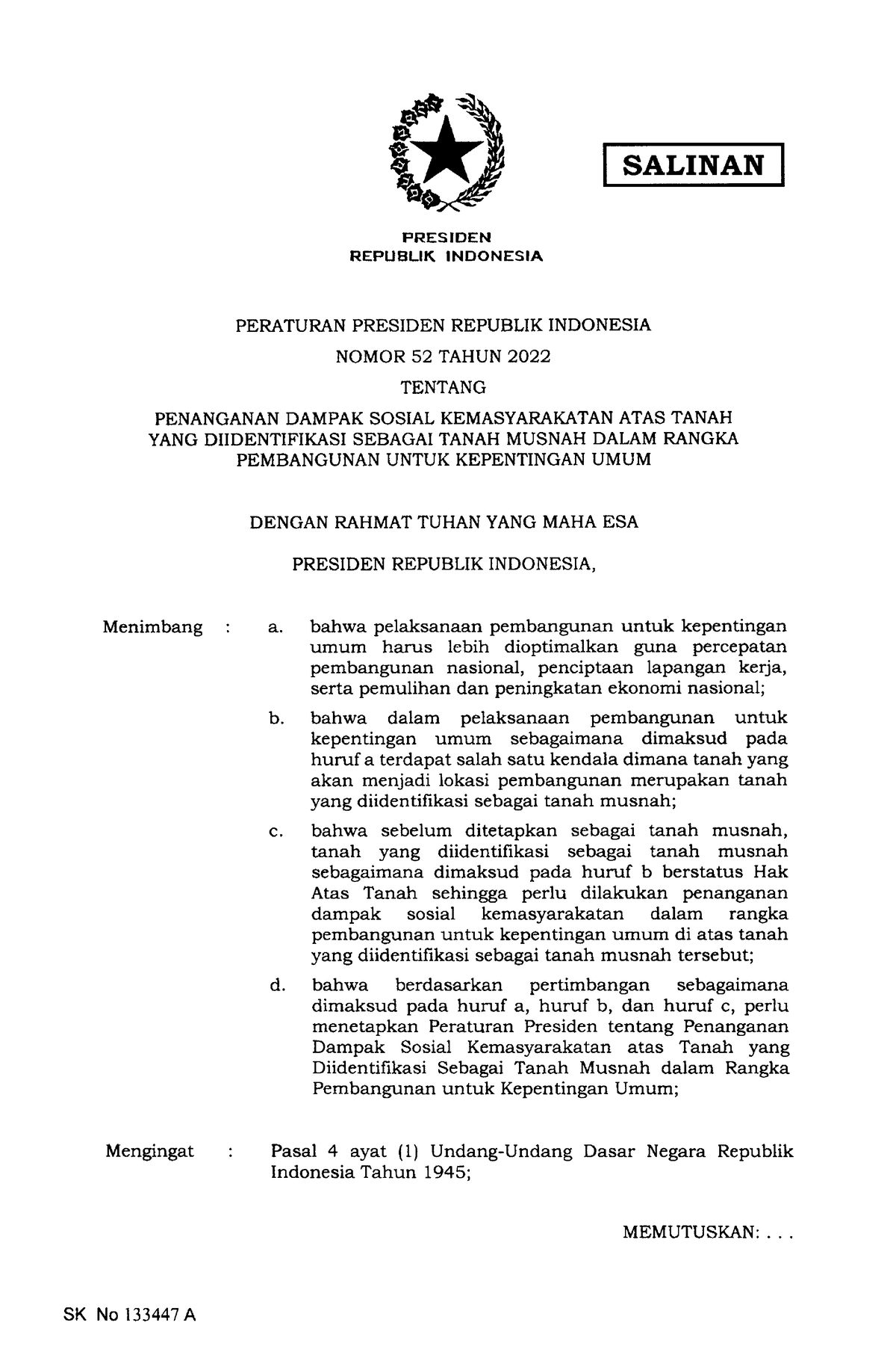 Perpres-nomor-52-tahun-2022 Biaya Kerohiman - REPUBLIK INDONESIA ...