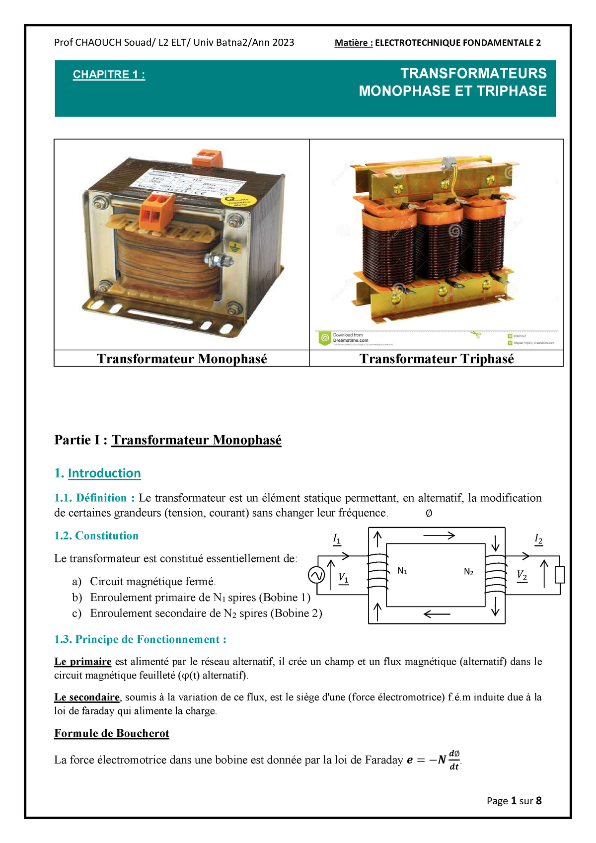 Chap1 Elt2 Transfo Mono Tri 2023 01 - Transformateur Monophasé ...