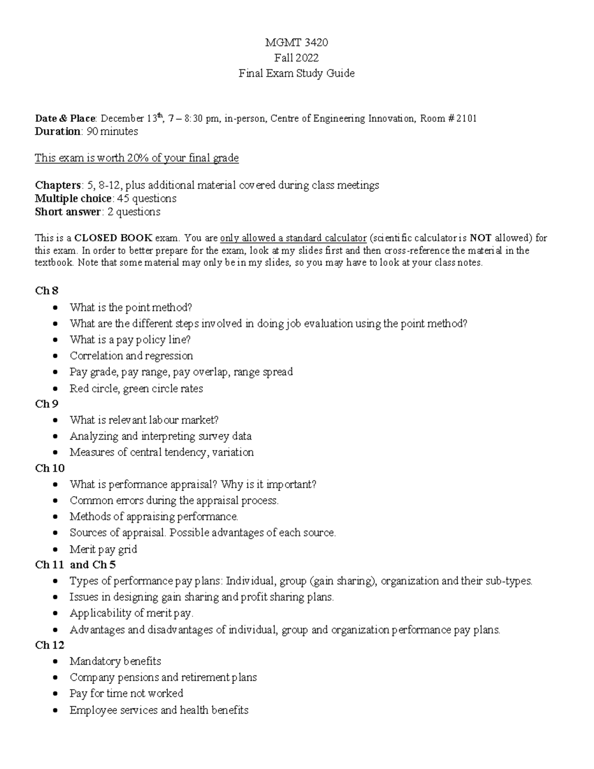 Final Exam study guide F2022 - MGMT 3420 Fall 2022 Final Exam Study ...