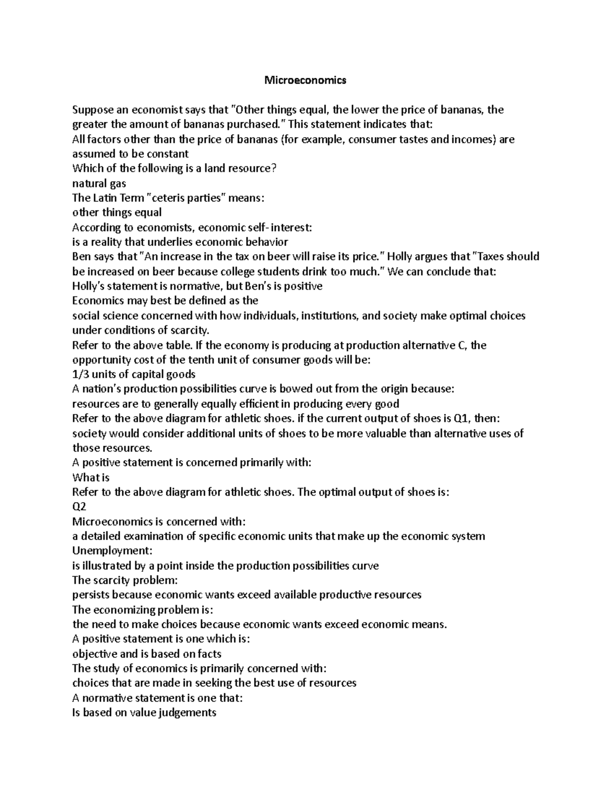 Microeconomics - Final exam personal study guide with answers. All