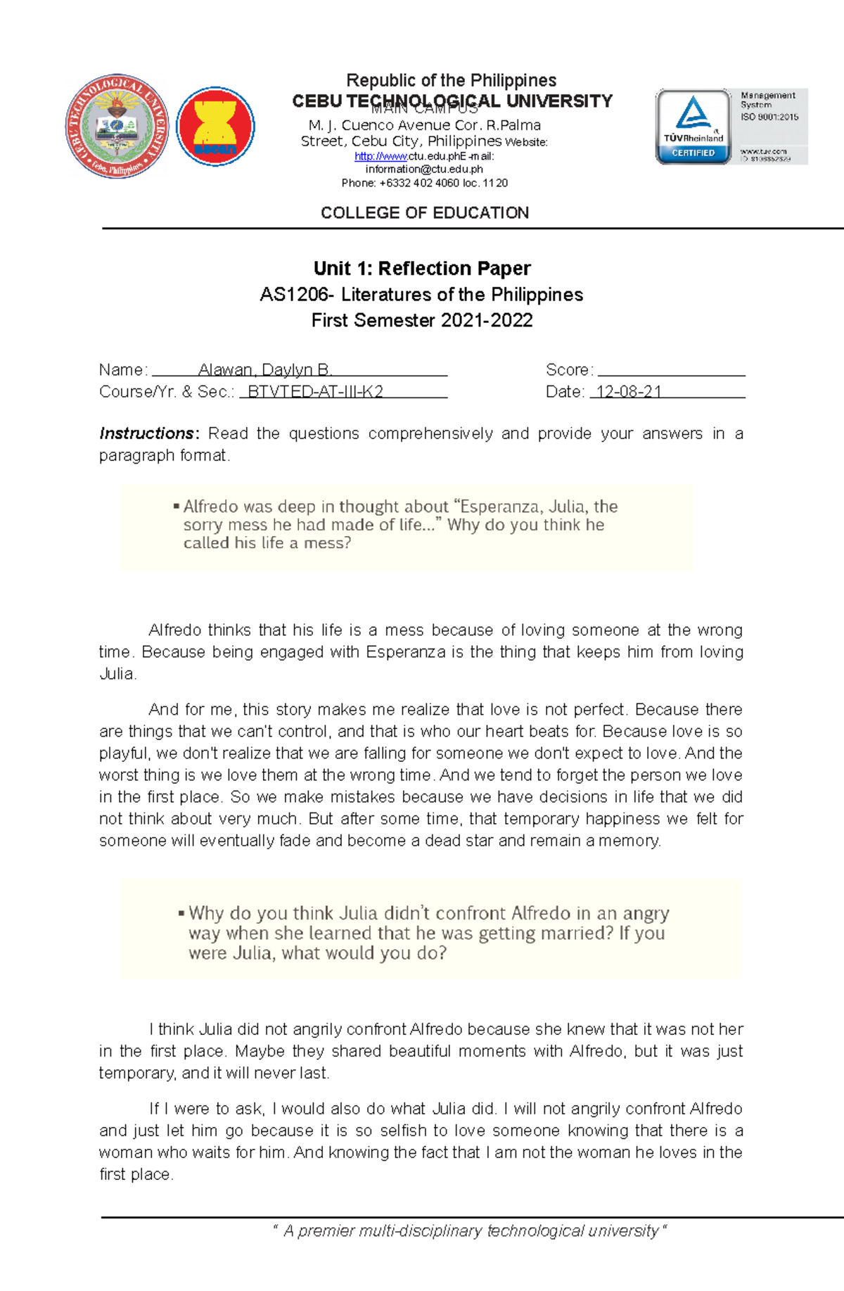 Unit 1 Reflection Paper - Republic of the Philippines CEBU ...