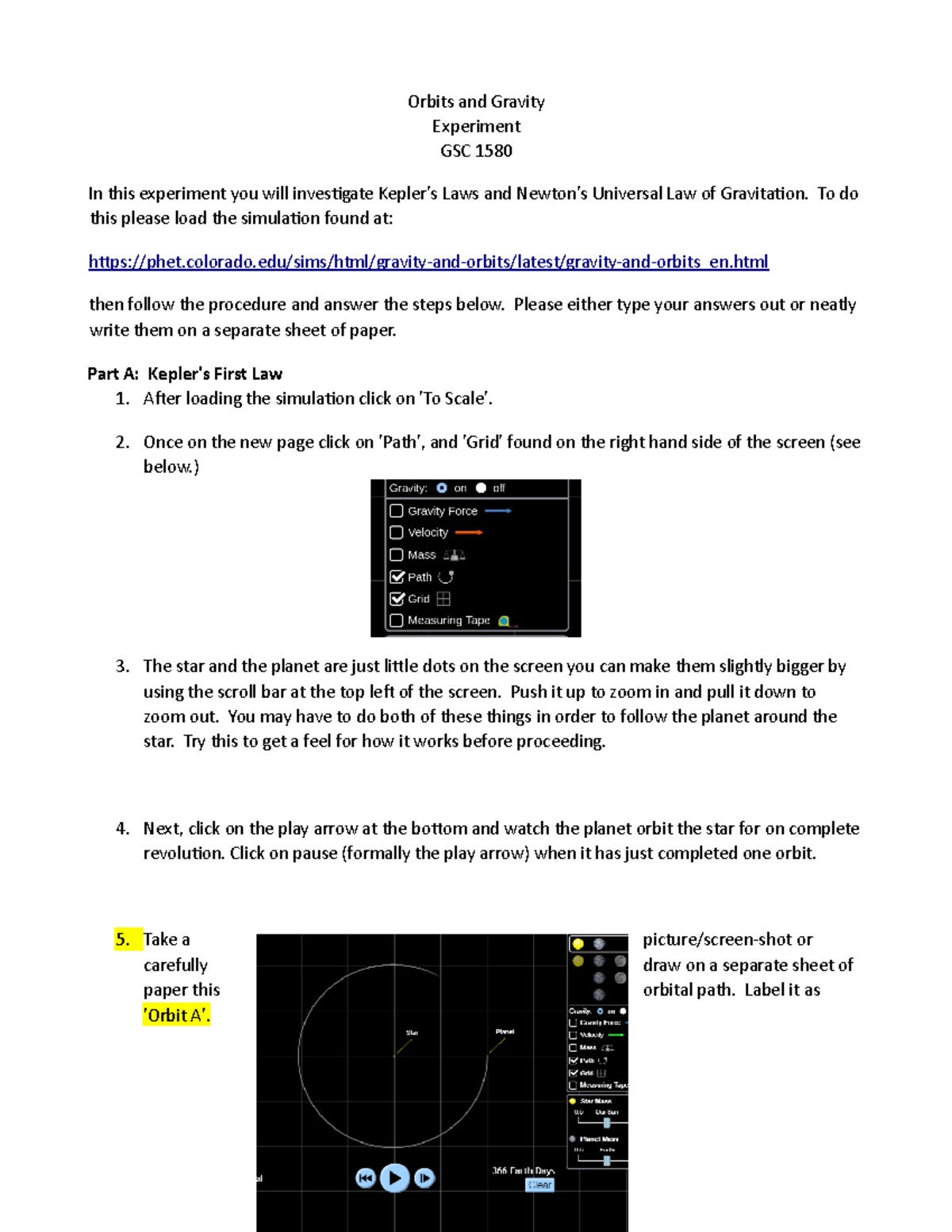 Orbits and gravity lab - Orbits and Gravity Experiment GSC 1580 In this ...