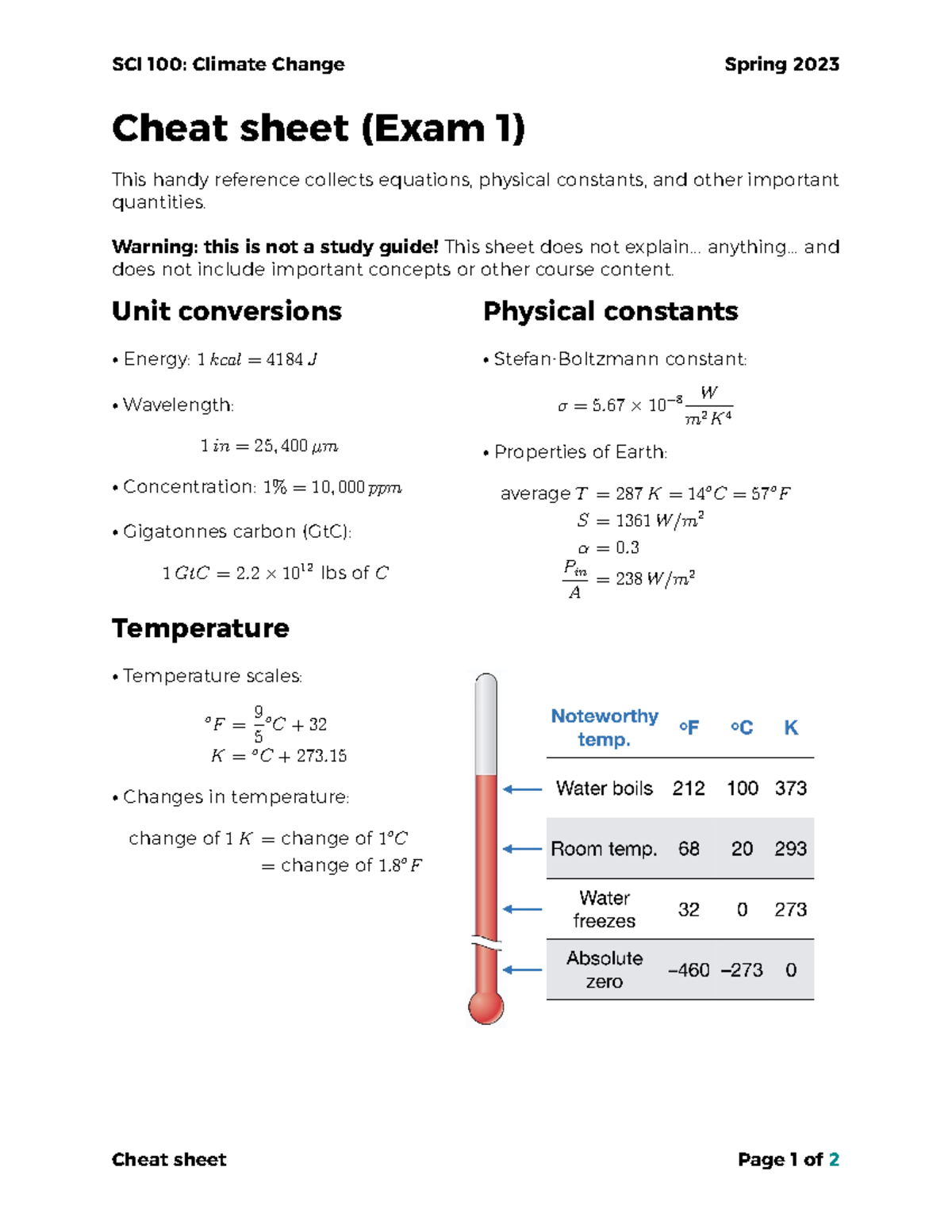 SCI100 cheat Sheet - Morrison - SCI 100: Climate Change Spring 2023 ...