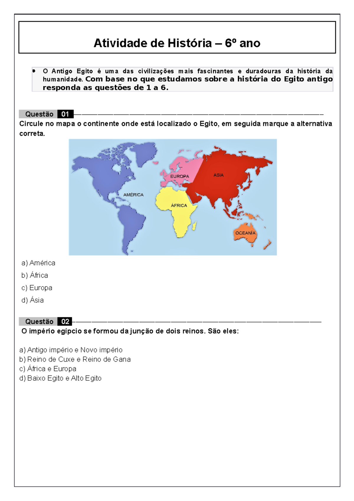 atividades de aula sobre o egito antigo