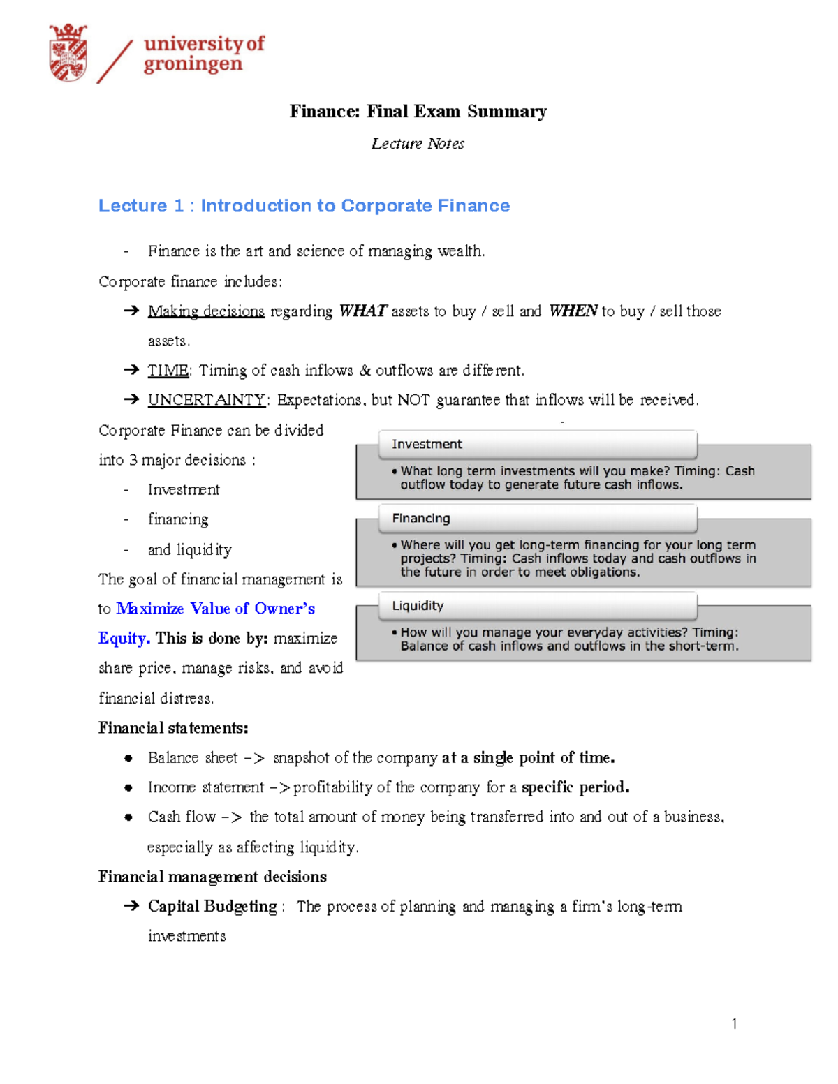 Finance Final Exam Summary summary to study for the final exam