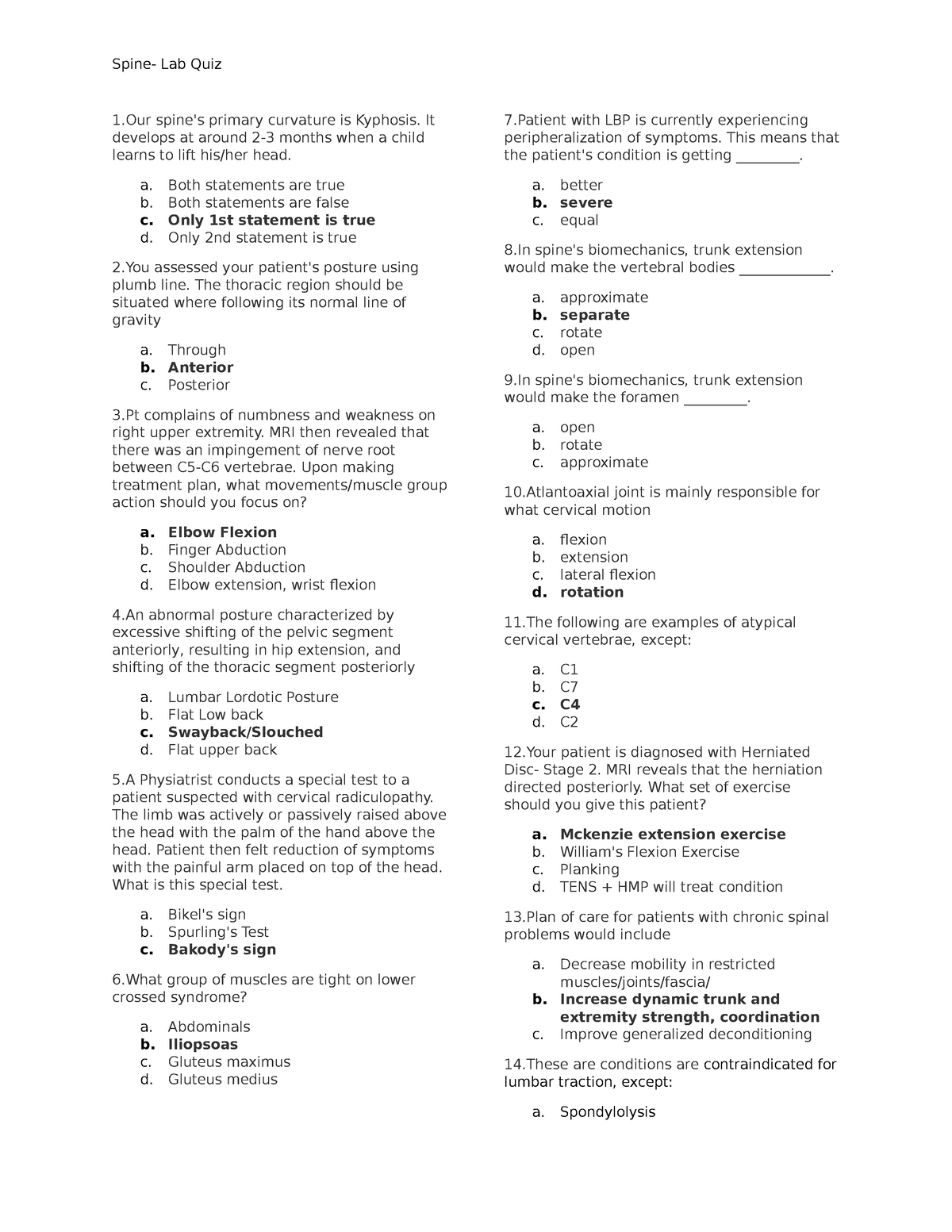 Orthopedic Physical Therapy Quiz 3 Spine Lab Quiz 1 spine's primary