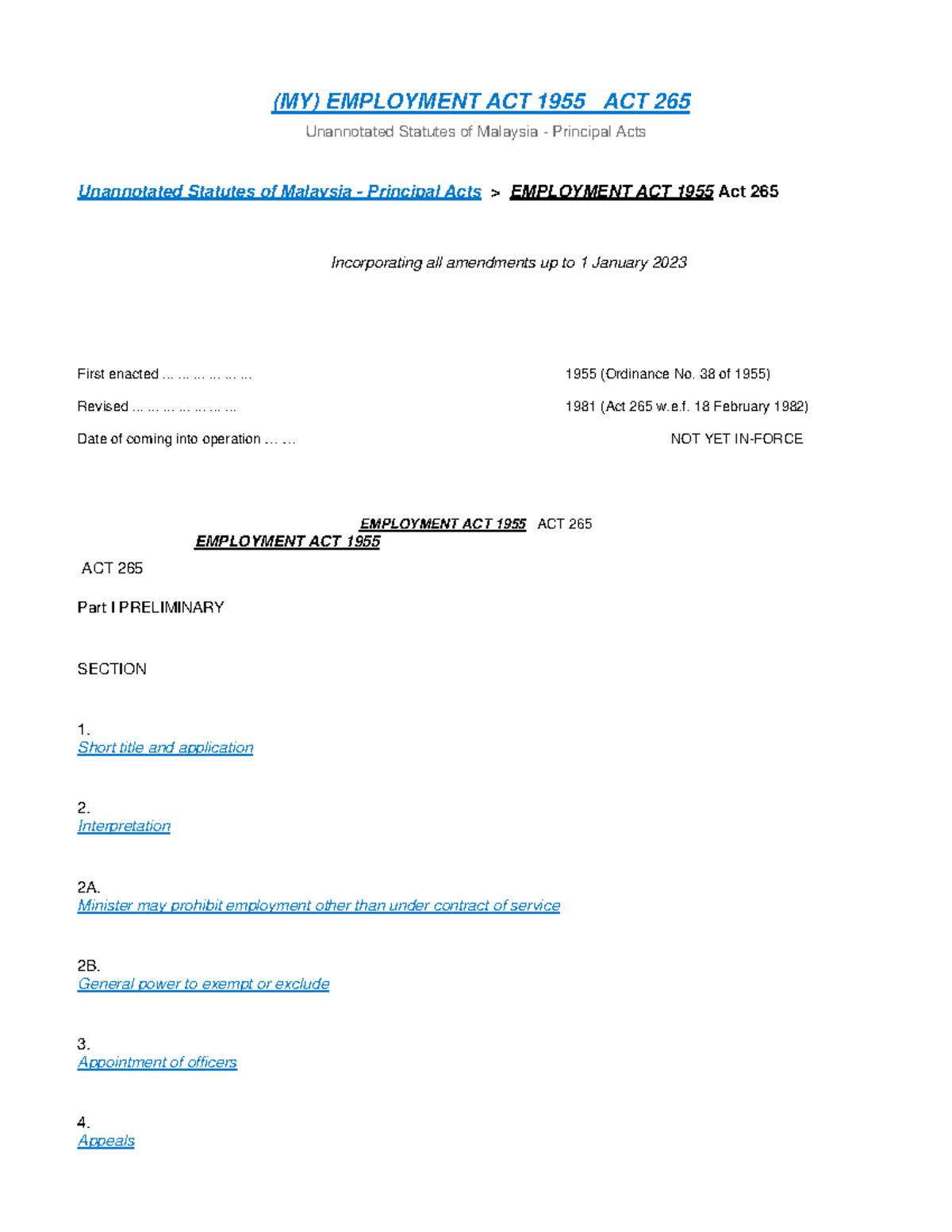 (MY) Employment ACT 1955 ACT 265 (MY) EMPLOYMENT ACT 1955 Unannotated