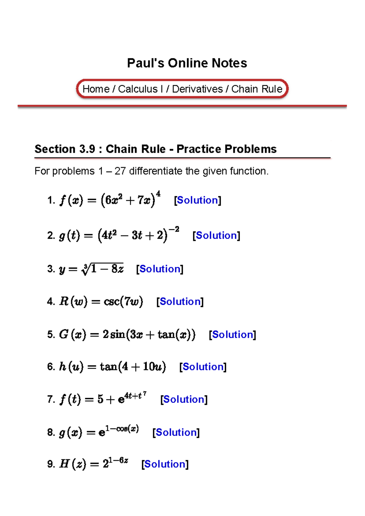Calculus I Chain Rule (Practice Problems) Paul's Online Notes Home / Calculus I