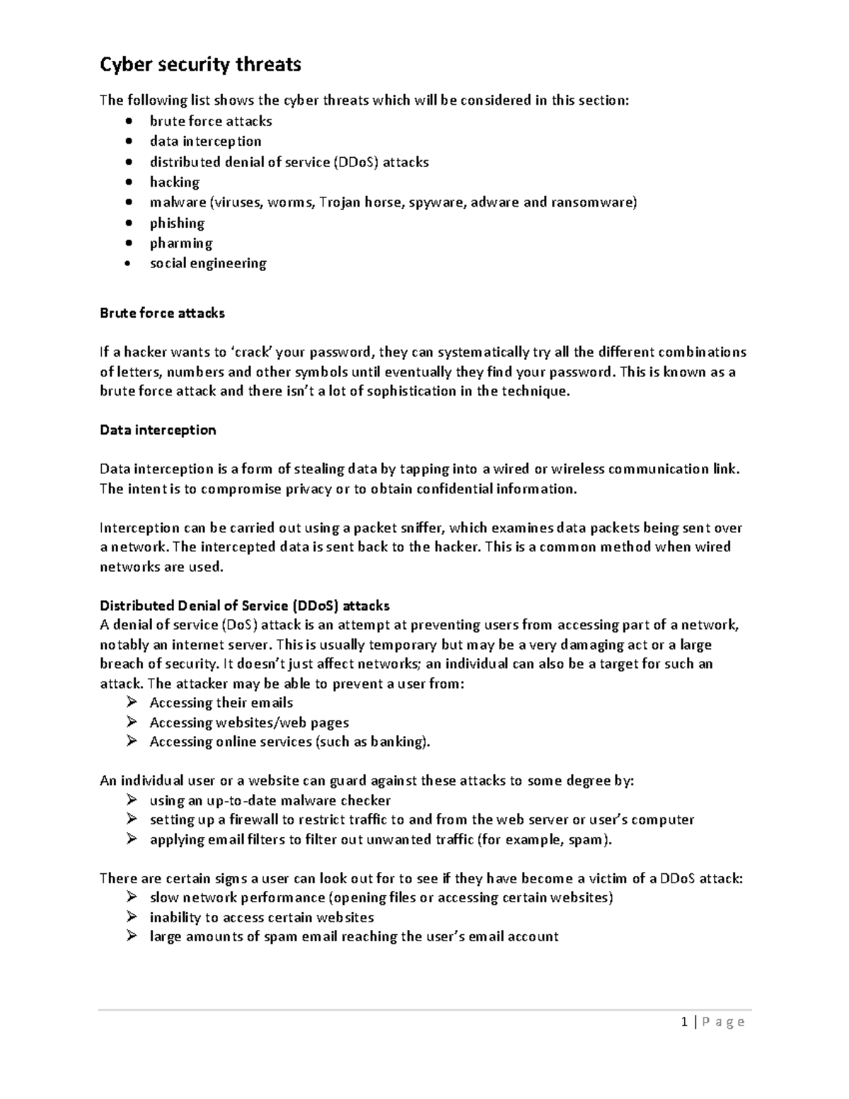 1. Cyber security threats - Cyber security threats The following list ...
