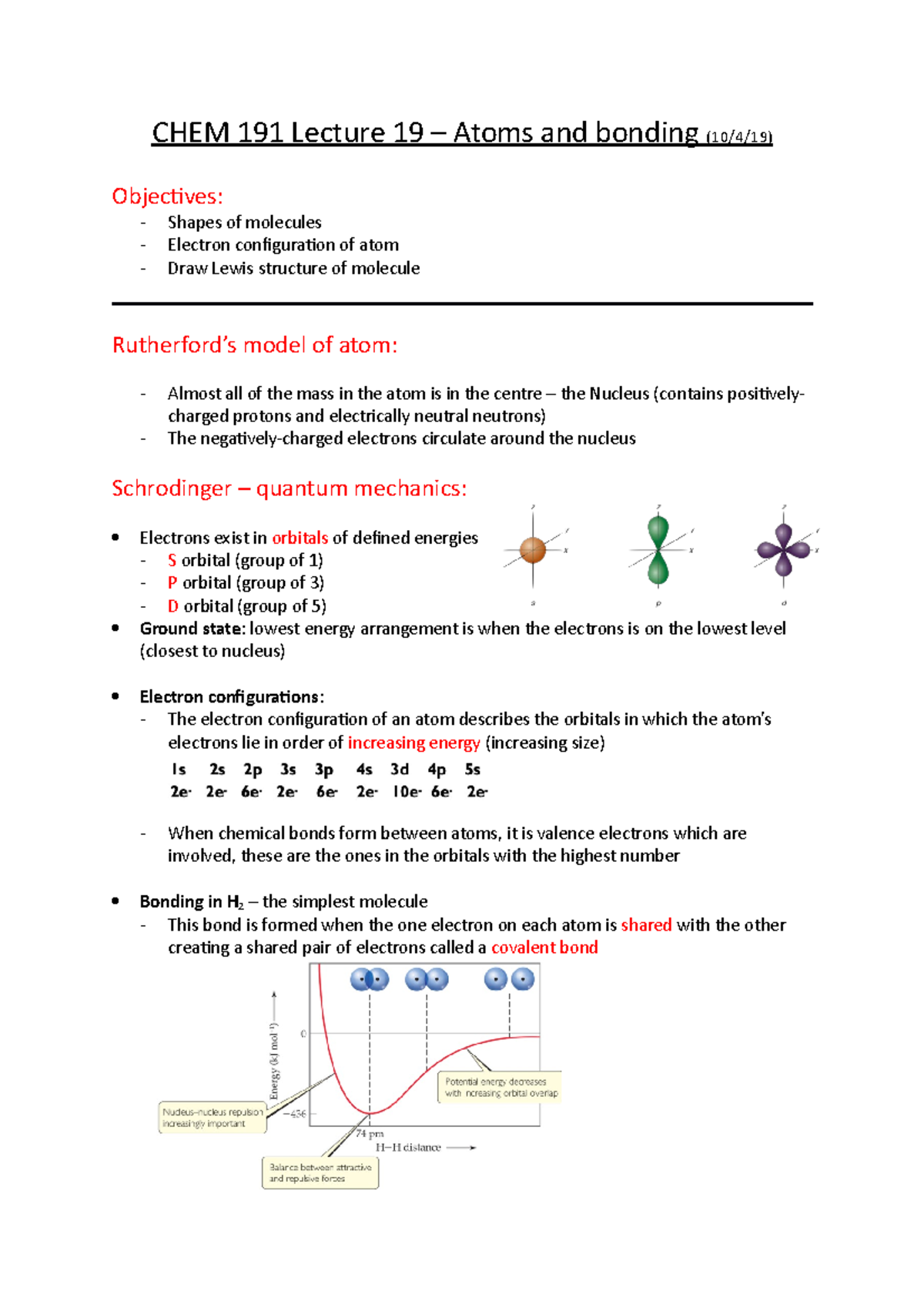 CHEM 191 Lecture 19 - CHEM 191 Lecture 19 – Atoms and bonding (10/4/19 ...