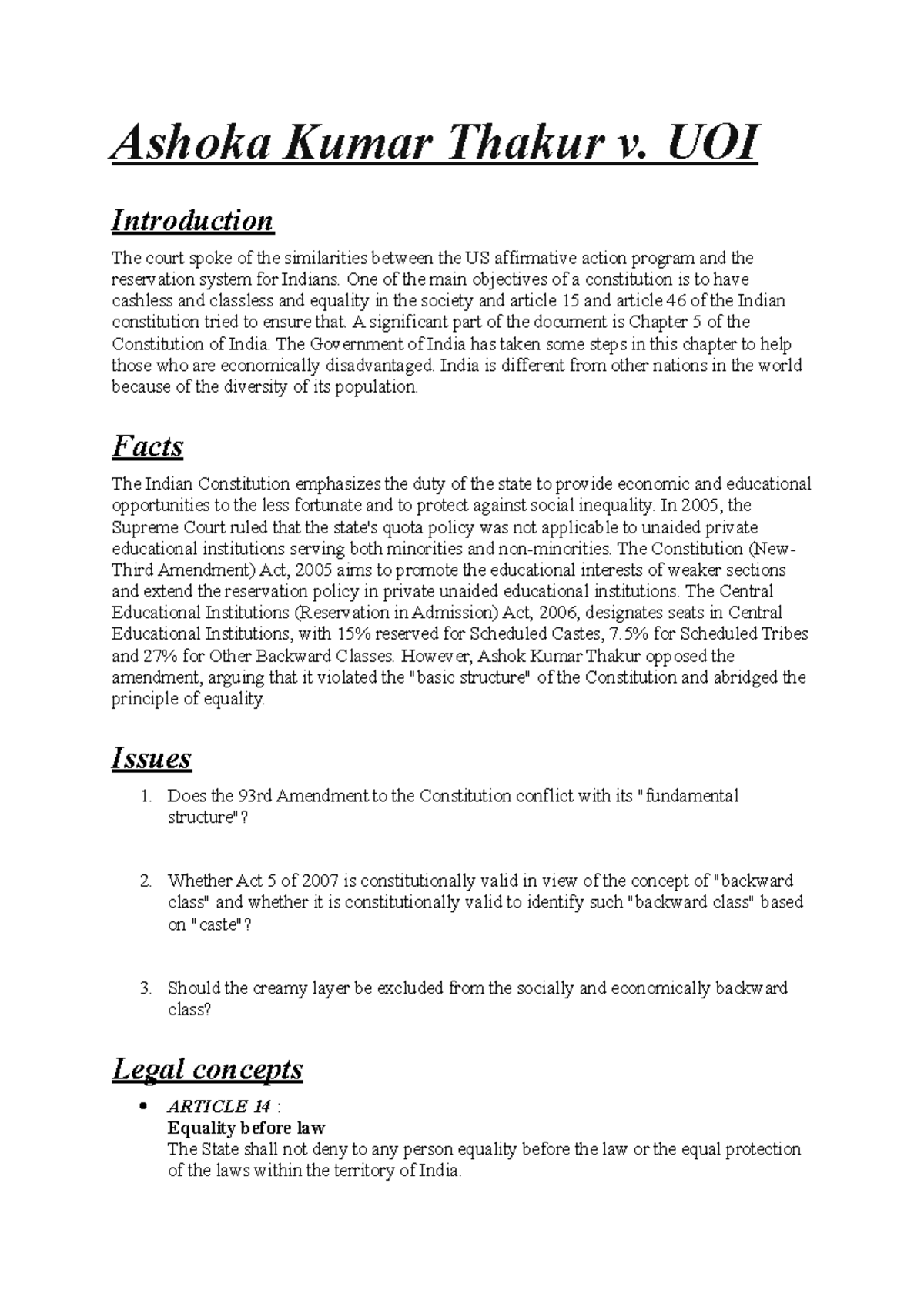 Ashok Kumar Thakur caes Ashoka Kumar Thakur v. UOI Introduction The