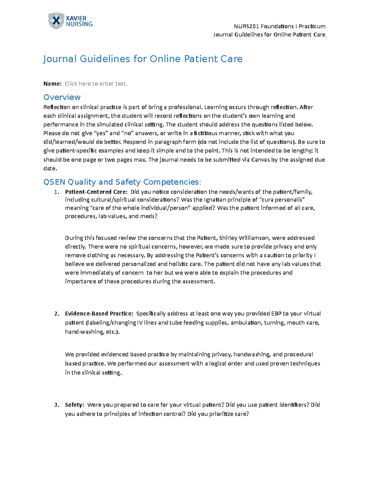 Journal Guidelines for Online Patient Care NURS201 Foundations I