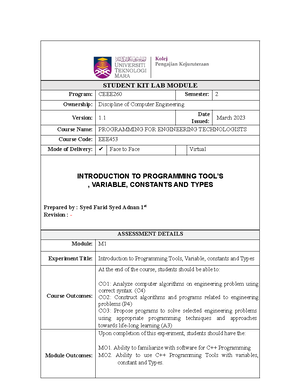 LAB Report Digital 1 - lab - STUDENT KIT LAB MODULE Program: CEEE260 ...