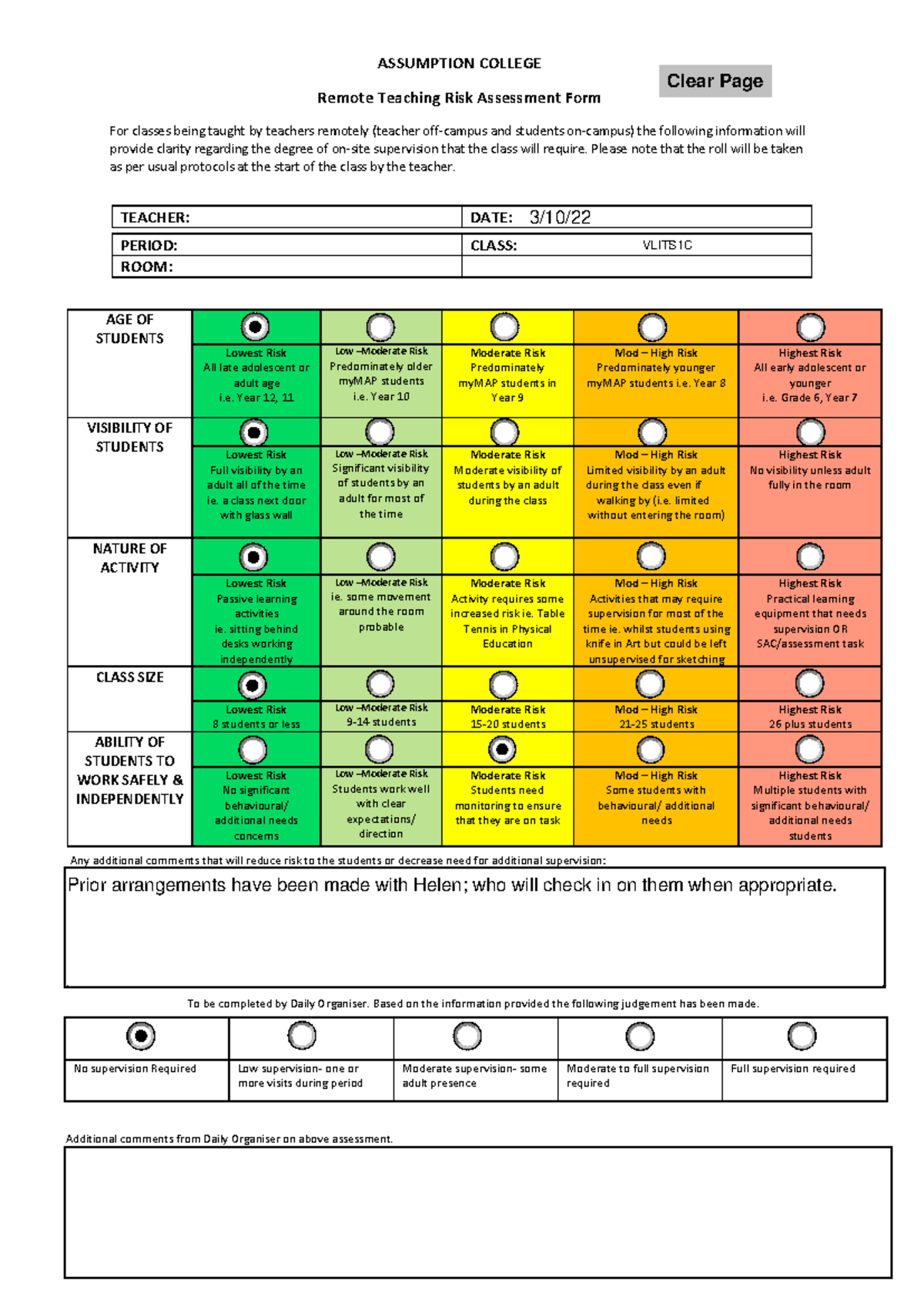 10 - tra - Remote Teaching Risk Assessment Form For classes being ...