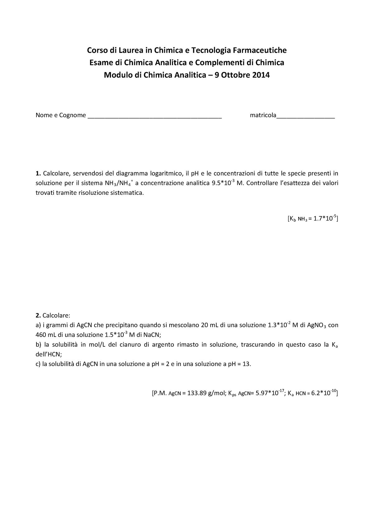 Esame Ottobre Domande Corso Di Laurea In Chimica E Tecnologia Farmaceutiche Esame Di