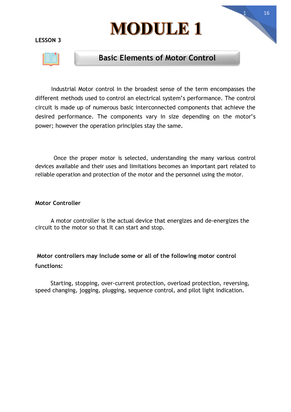 Module 1 Lesson 3 - 1 LESSON 3 Basic Elements Of Motor Control ...