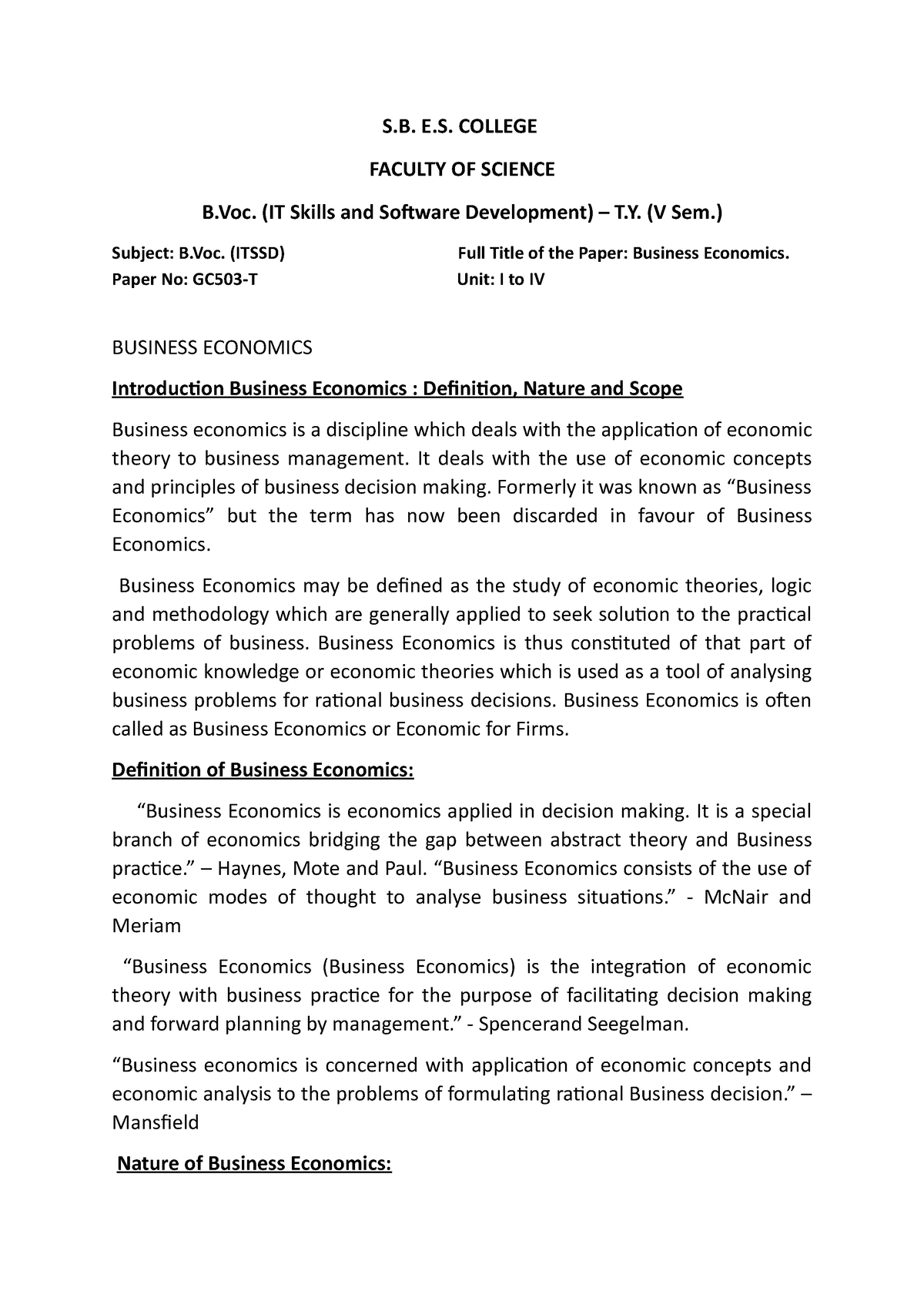 Business Economics Notes - S. E. COLLEGE FACULTY OF SCIENCE B. (IT ...